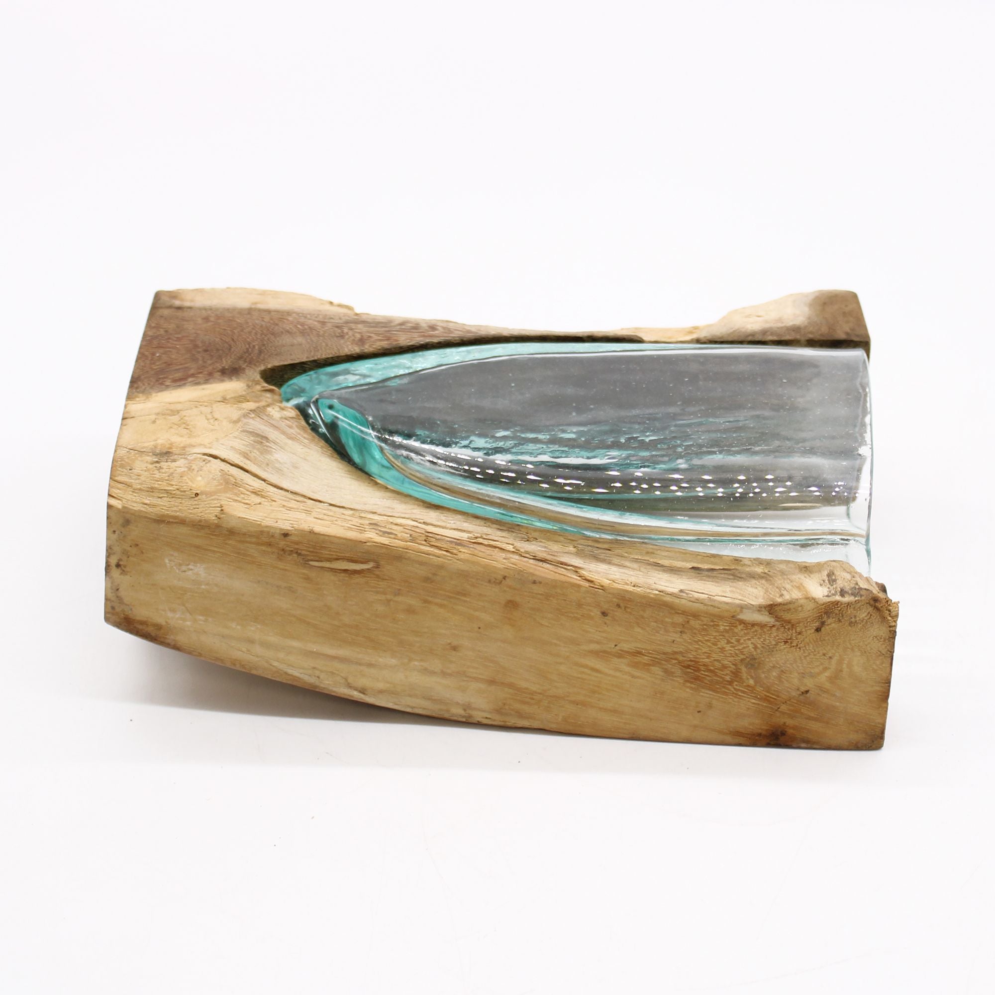 Handmade Molten Glass V-Shaped Art Vase on Wood – 24.5cm