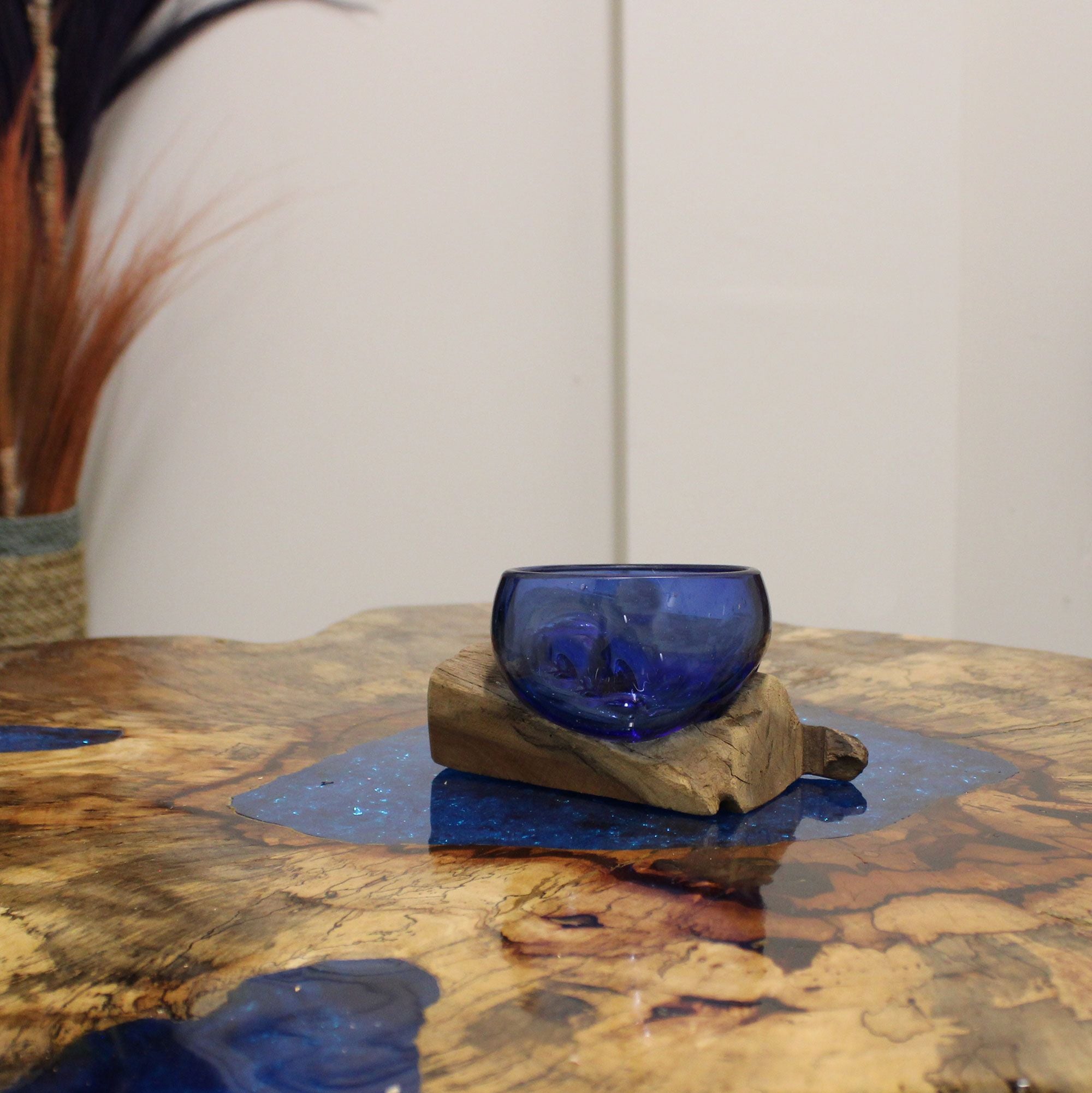 Handmade Molten Glass Mini Blue Bowl on Wood – 12cm