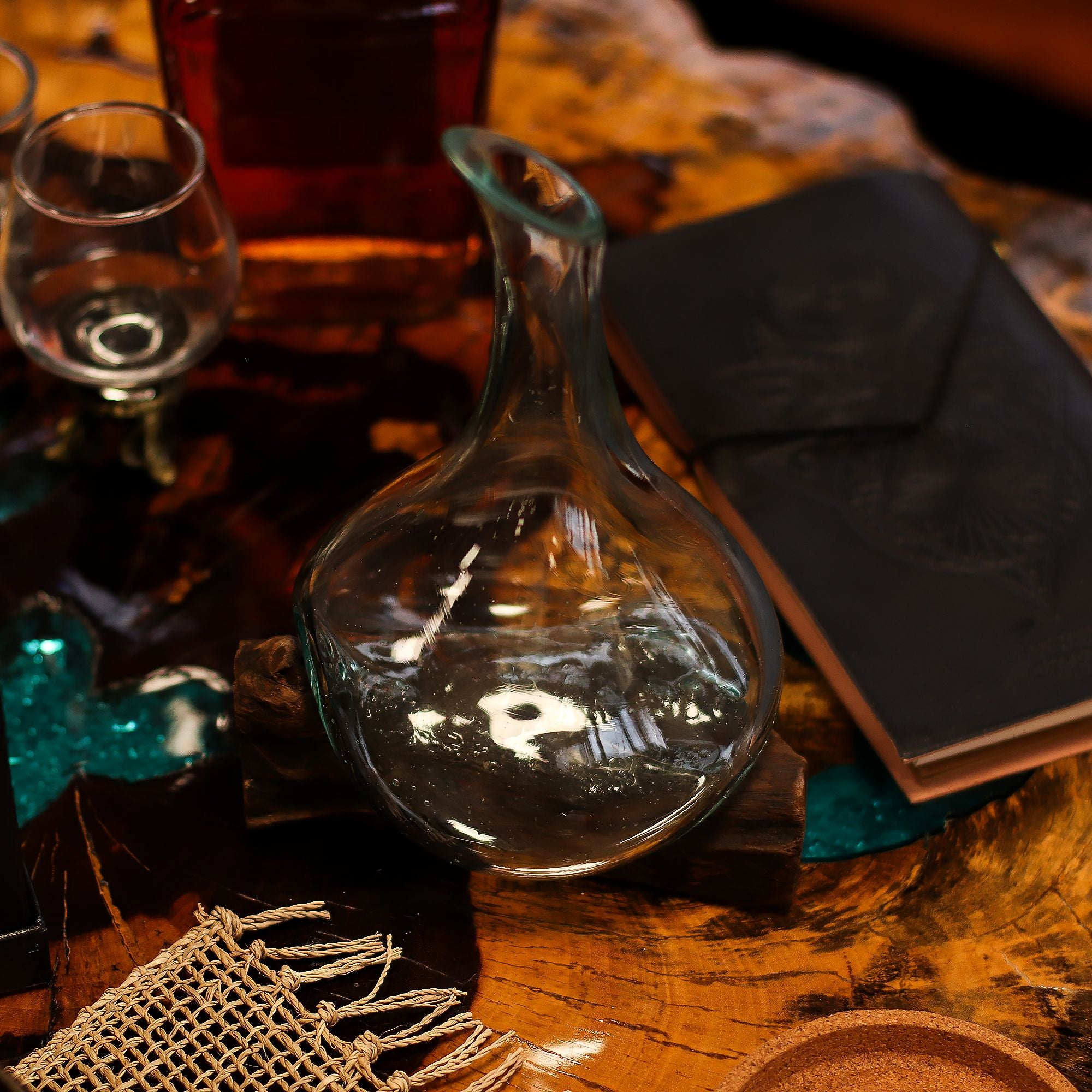 Handmade Molten Glass Mini Decanter on Wood – 20cm