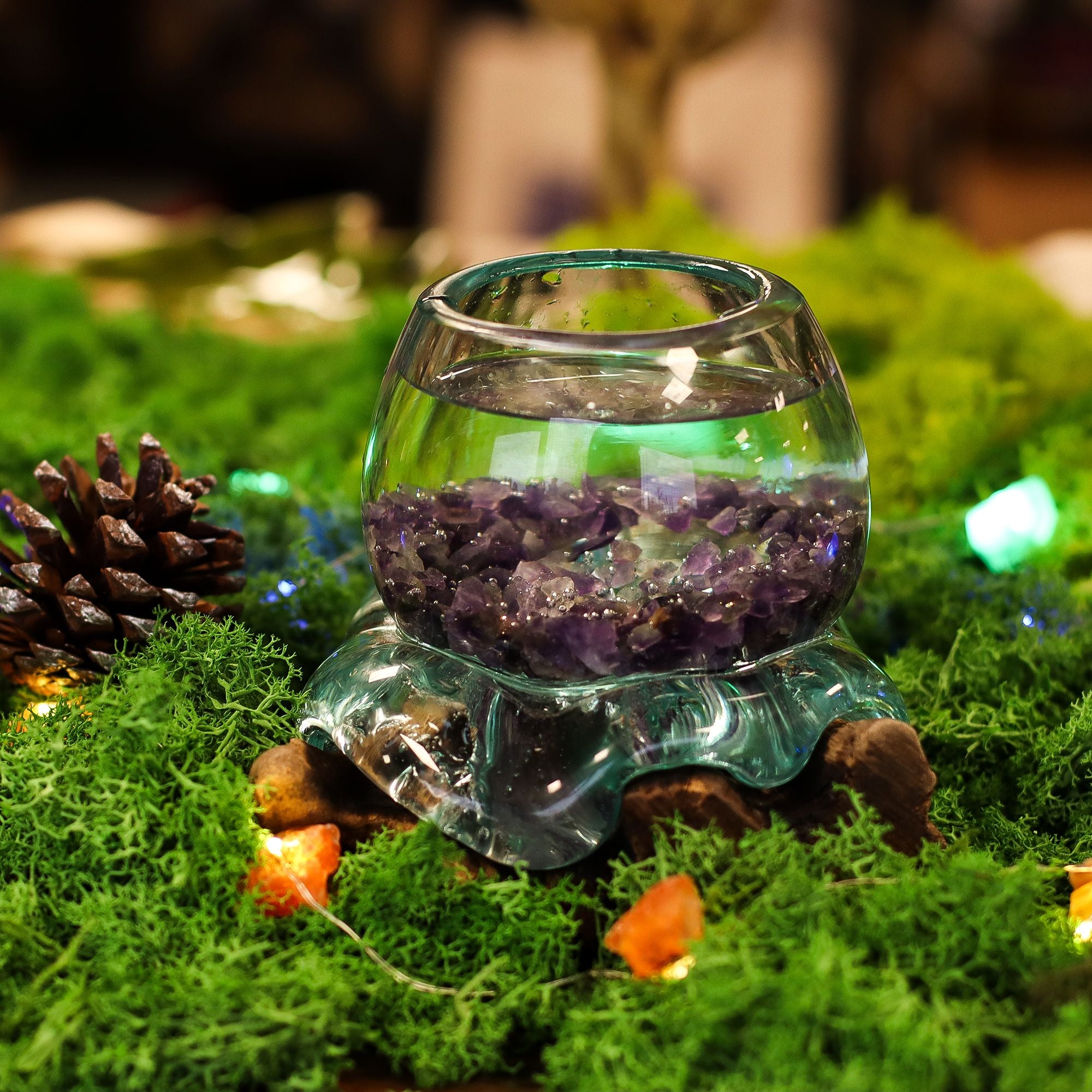 Handmade Molten Glass Mini Goldfish Bowl on Wood – 20cm