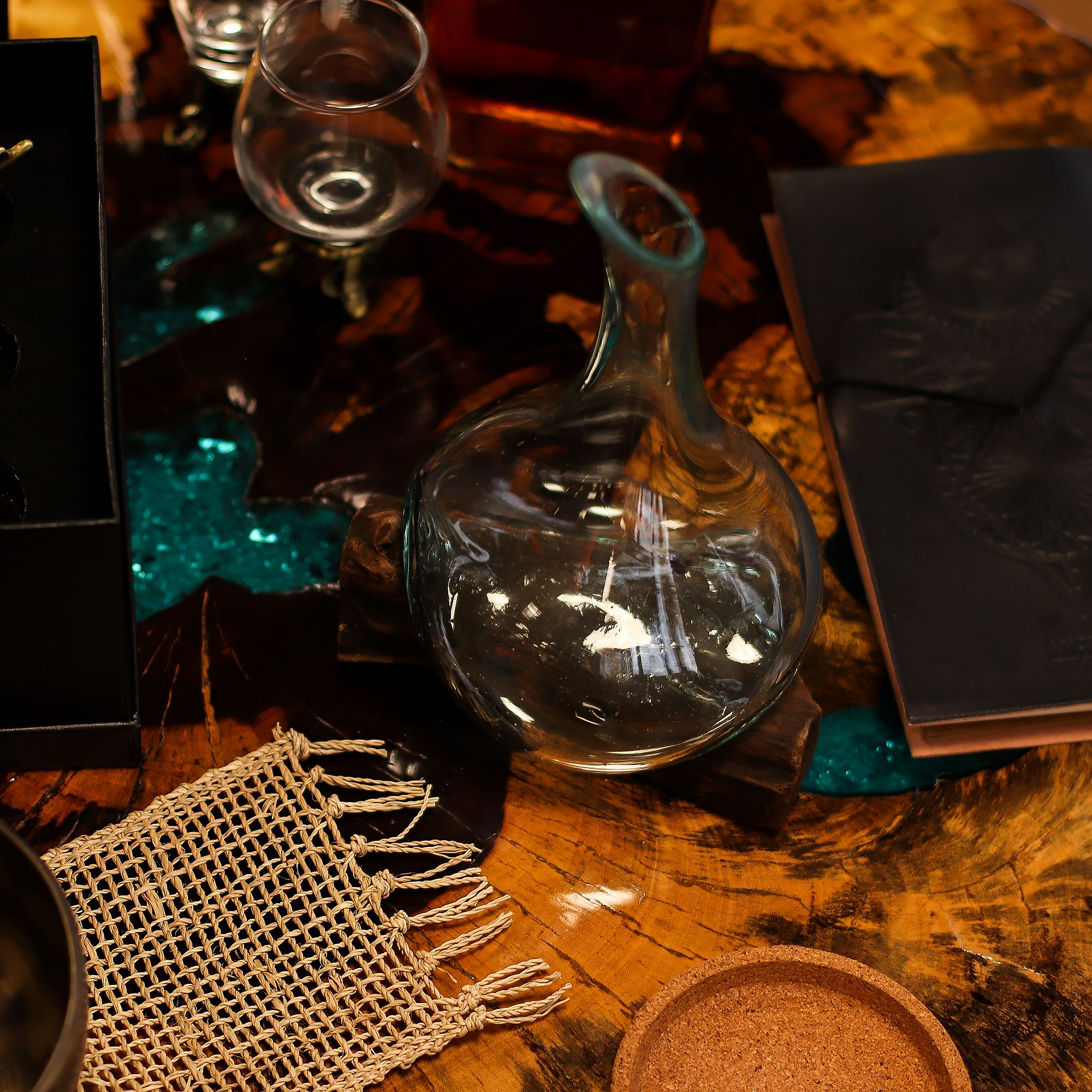 Handmade Molten Glass Mini Decanter on Wood – 20cm