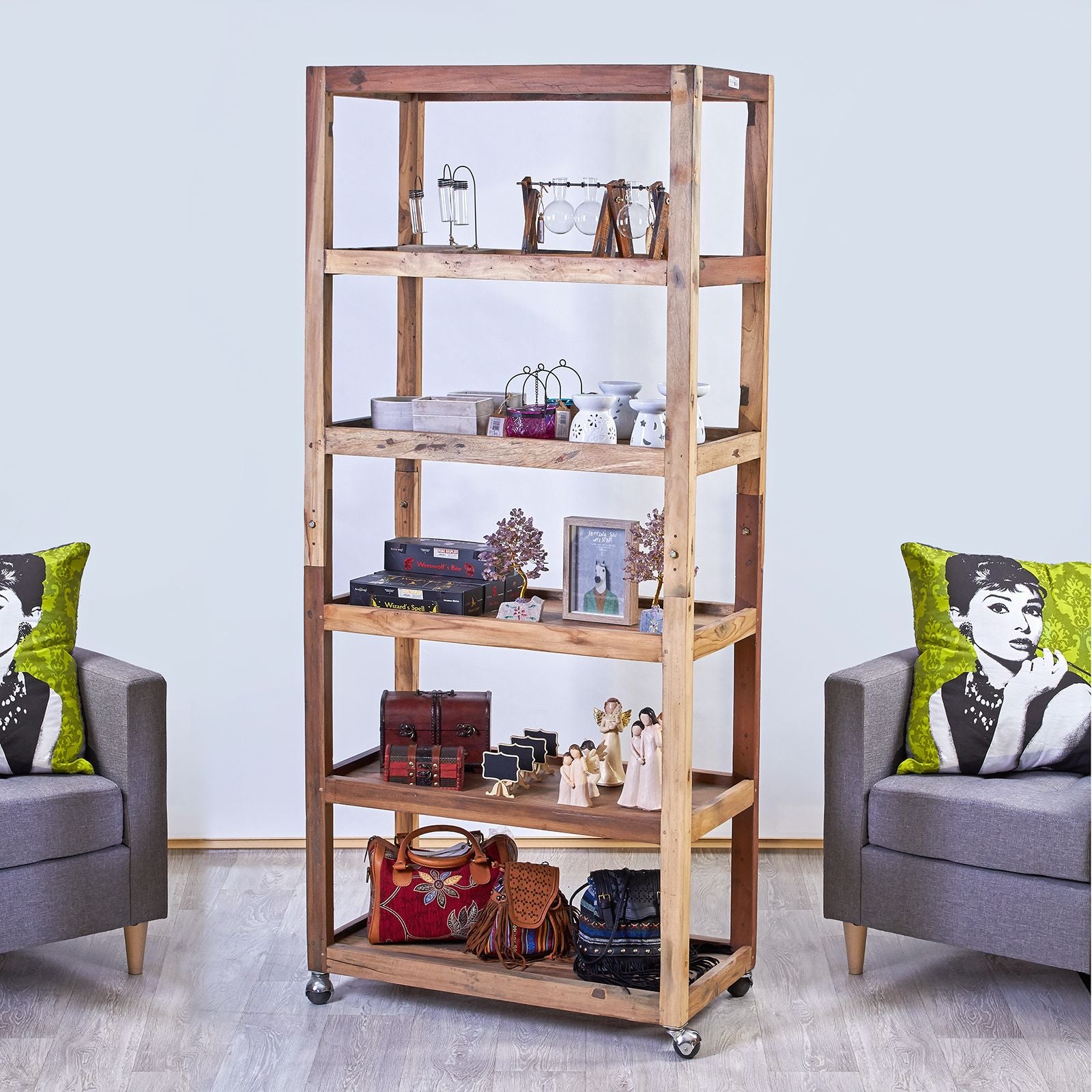 Six-Shelf Display Unit with Casters | Recycled Teak Wood – Handcrafted in Bali
