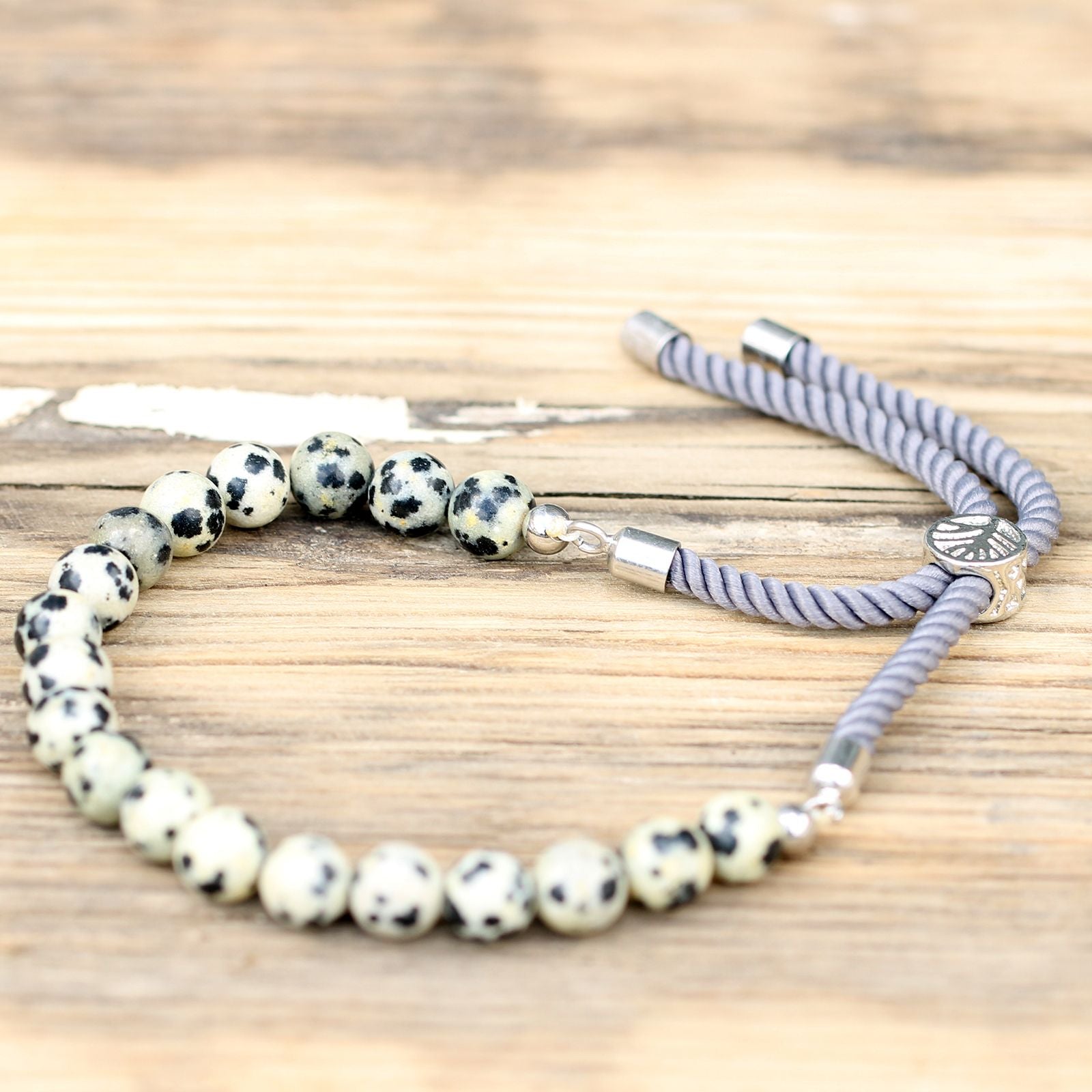 925 Silver Plated Gemstone Charcoal String Bracelet - Dalmatian Jasper