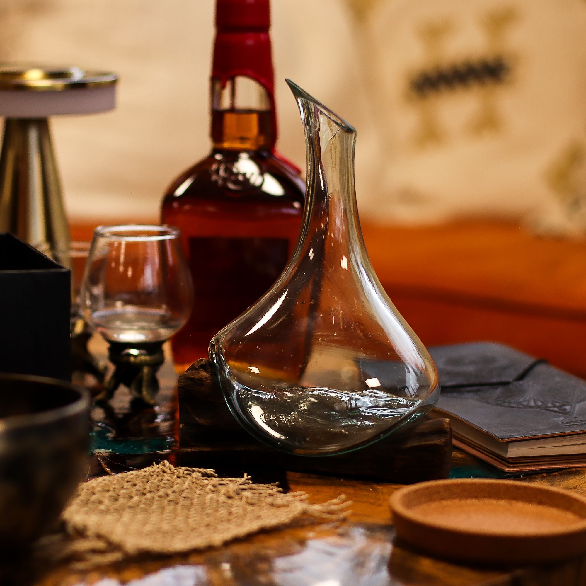 Handmade Molten Glass Mini Decanter on Wood – 20cm