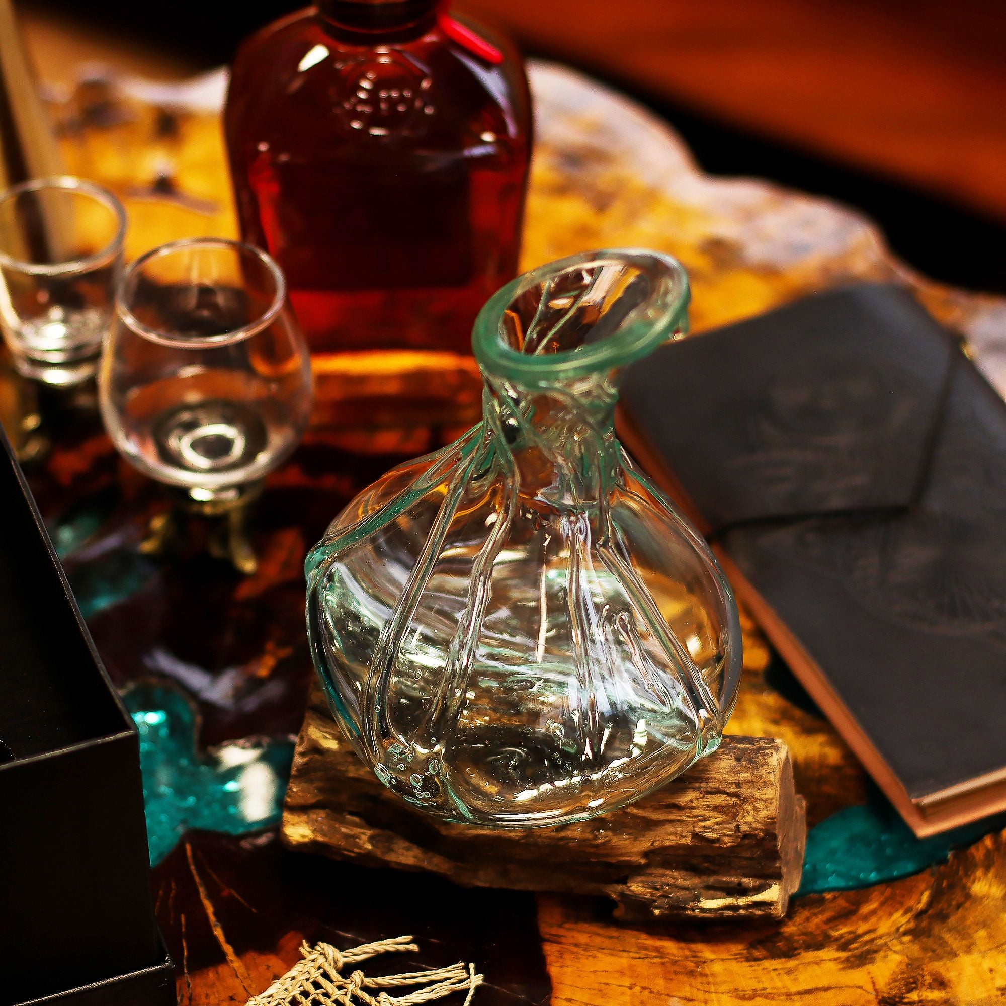 Handmade Molten Glass Fancy Mini Decanter on Wood – 24cm