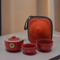 Money Cat Teapot Set with 2 Cups & Travel Case - Red Ceramic Lucky Cat Tea Set