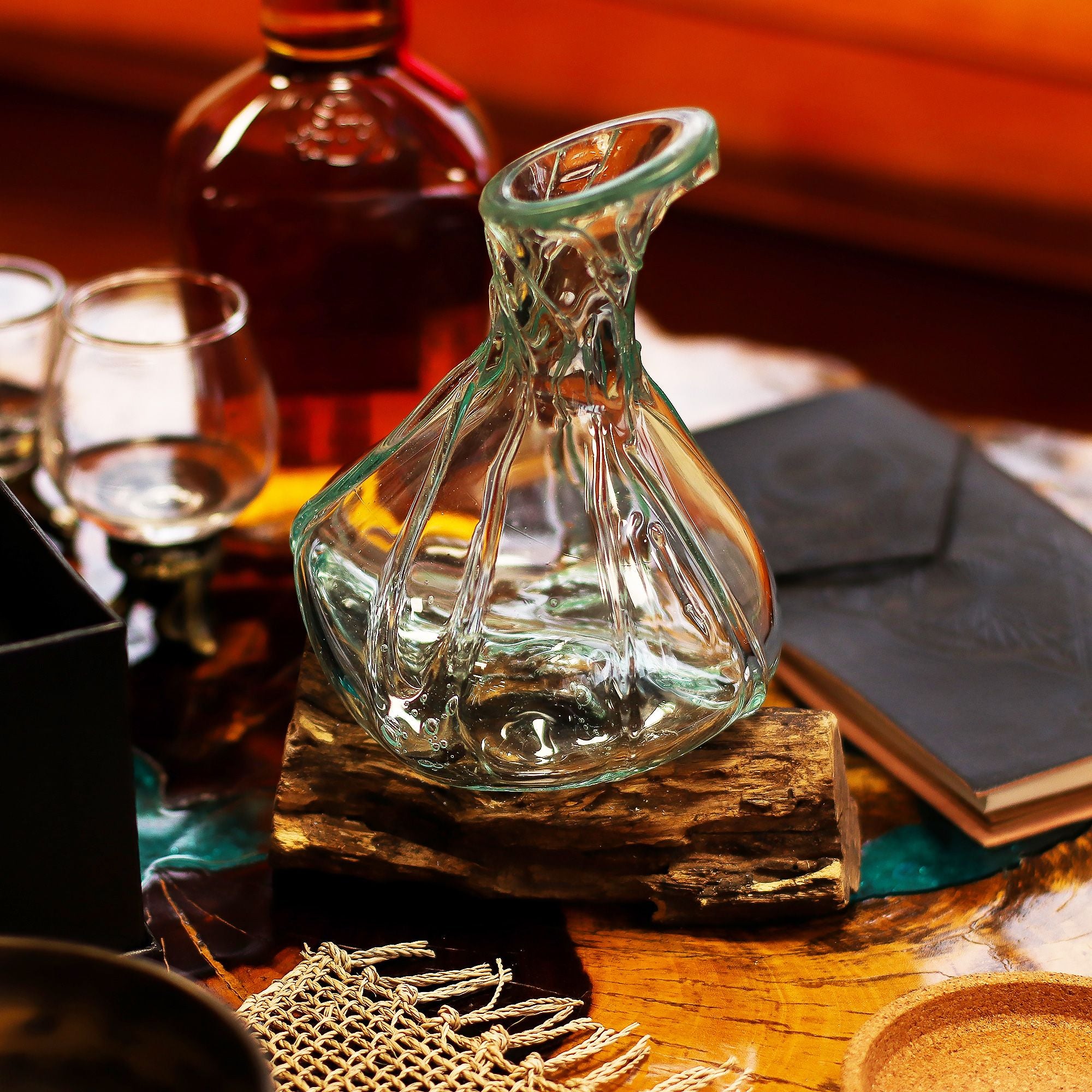 Handmade Molten Glass Fancy Mini Decanter on Wood – 24cm