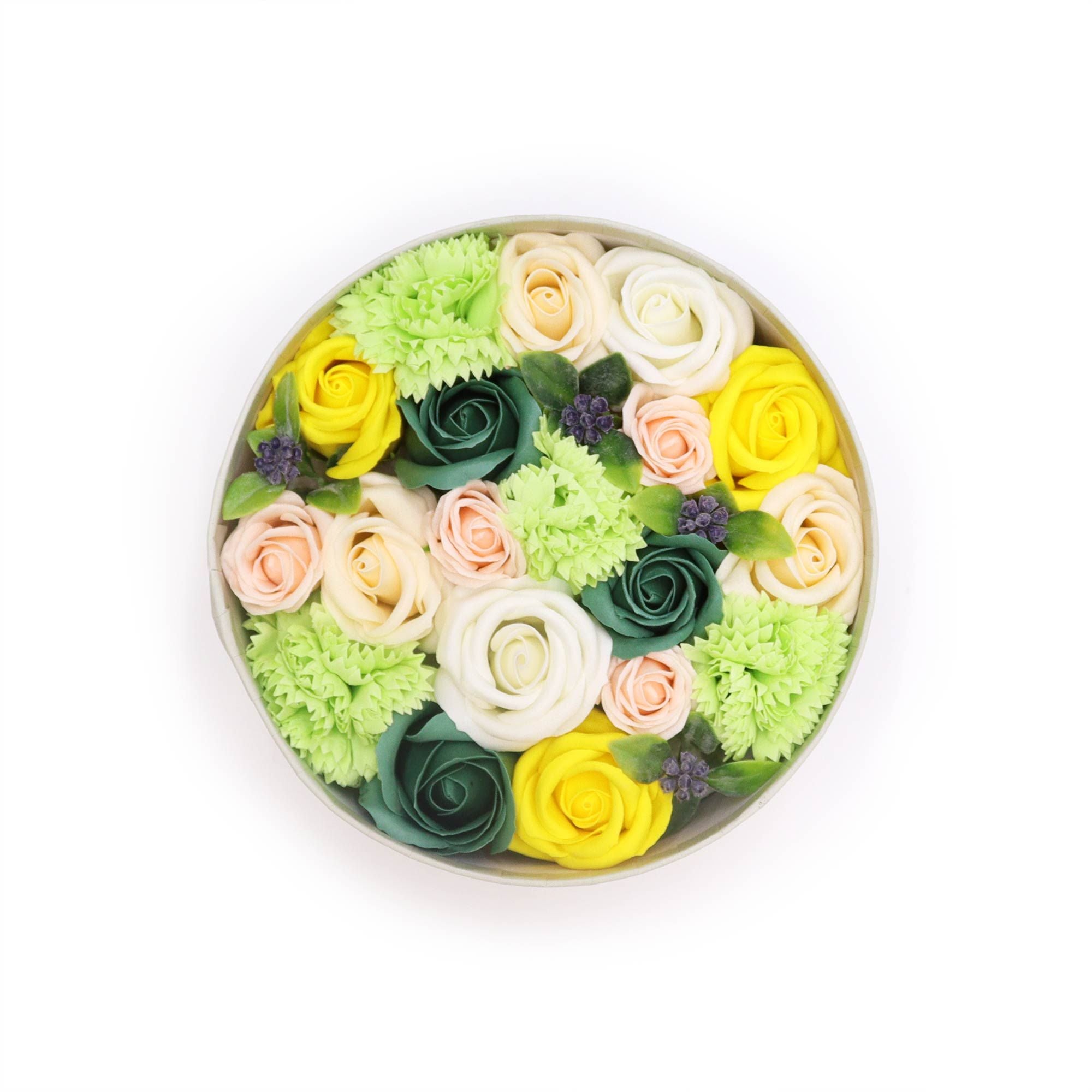 Round Box - Spring Celibrations - Yellow & Greens - Soap Flower Gift Round Box