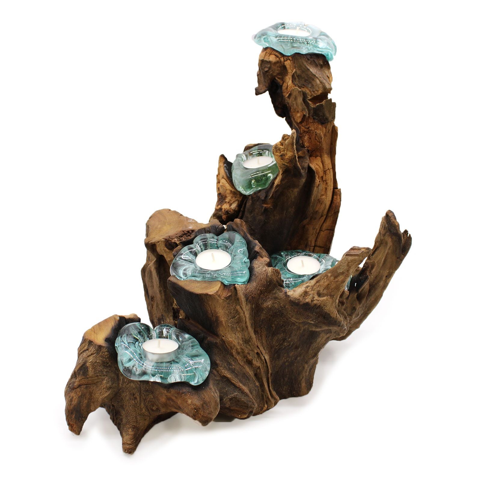 Handmade Molten Glass Five Candle Holder on Wood – 40cm