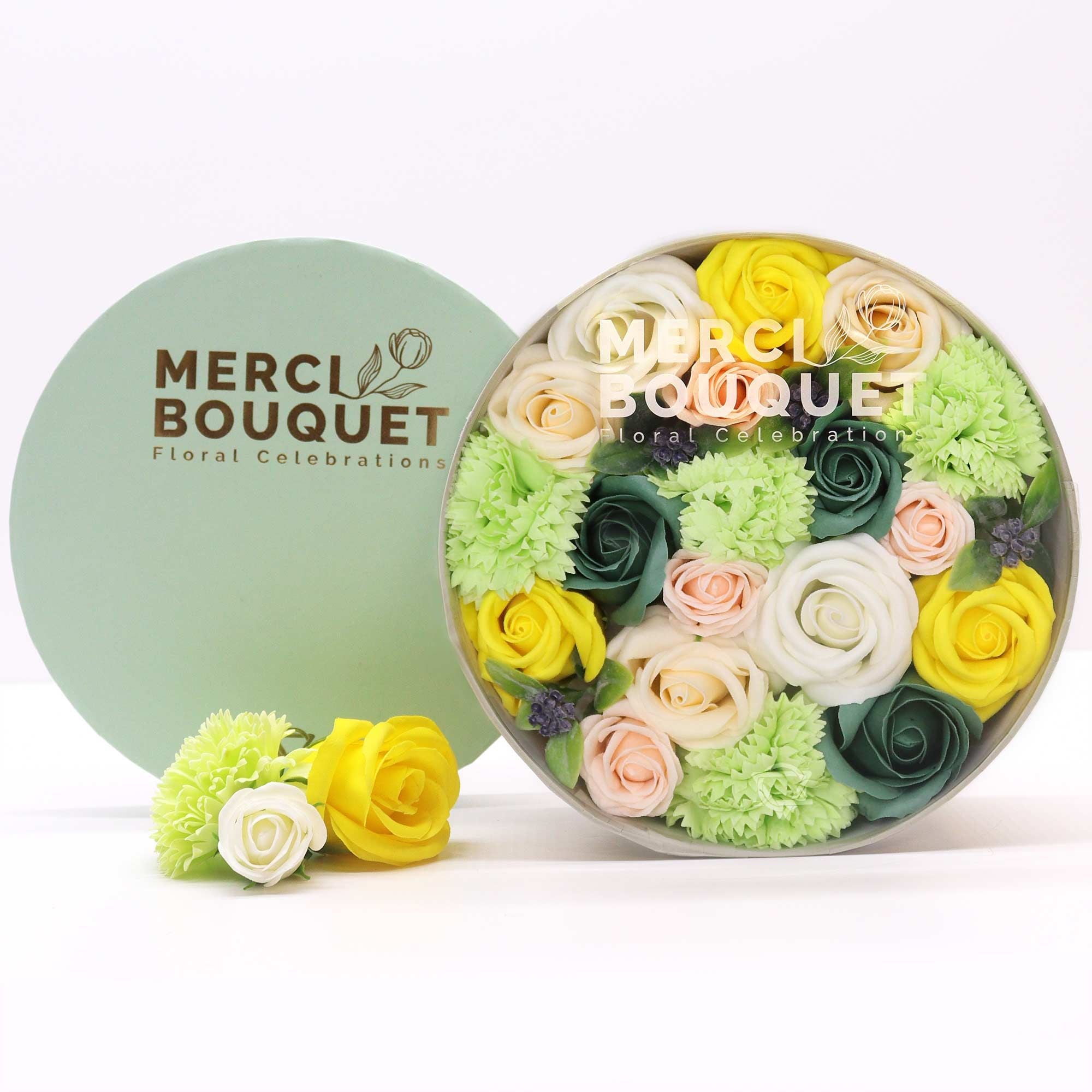Round Box - Spring Celibrations - Yellow & Greens - Soap Flower Gift Round Box