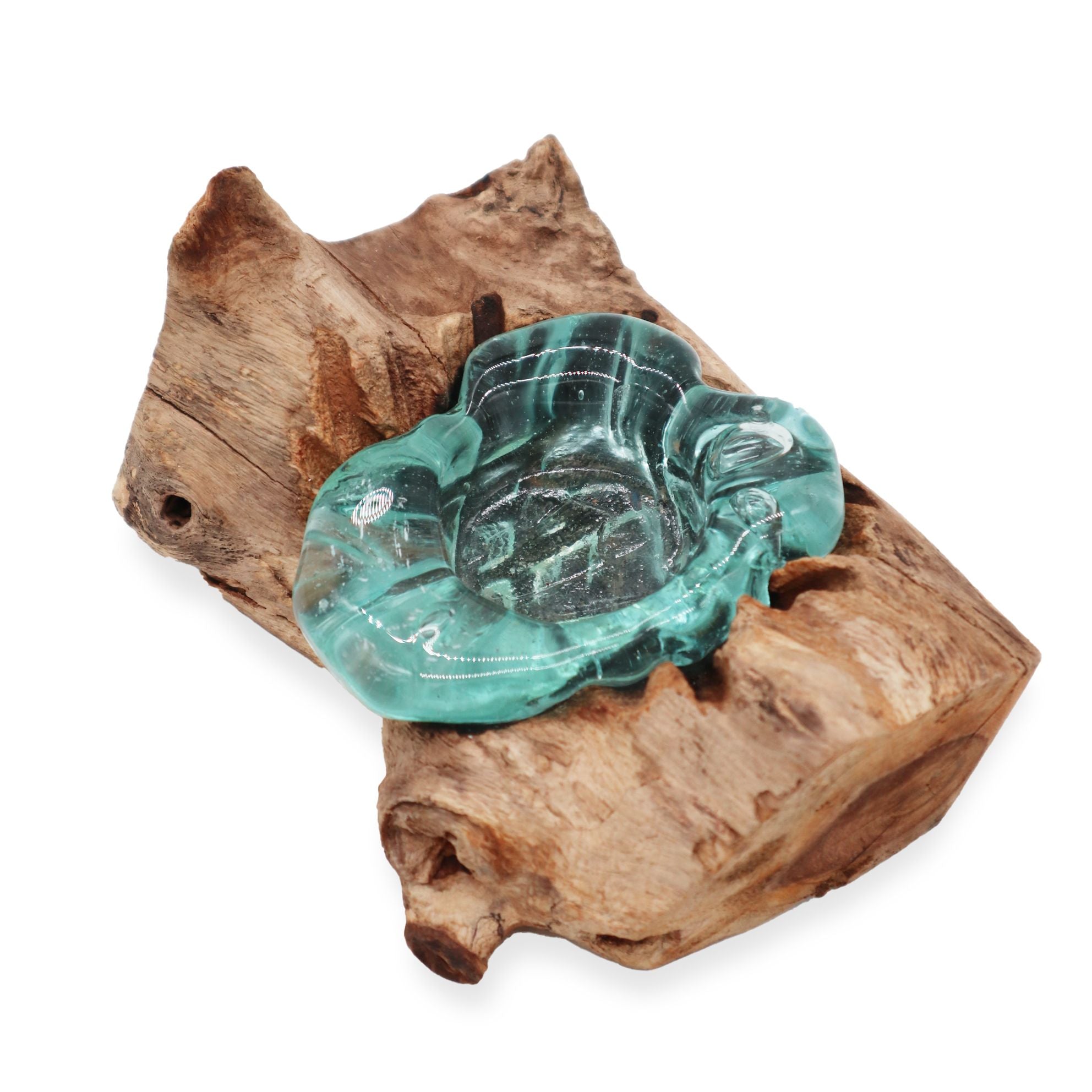 Handmade Molten Glass Single Candle Holder on Wood – 14cm