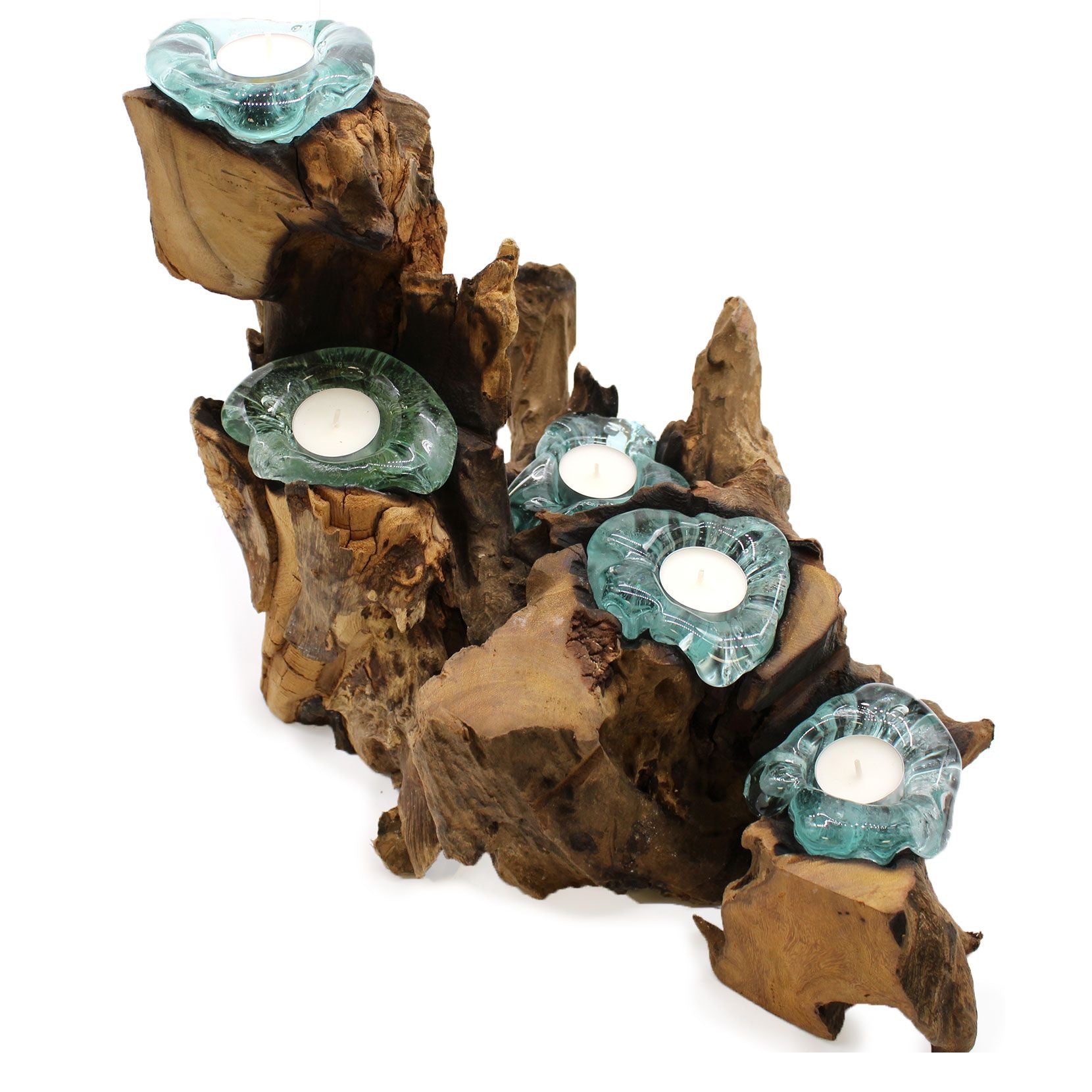 Handmade Molten Glass Five Candle Holder on Wood – 40cm