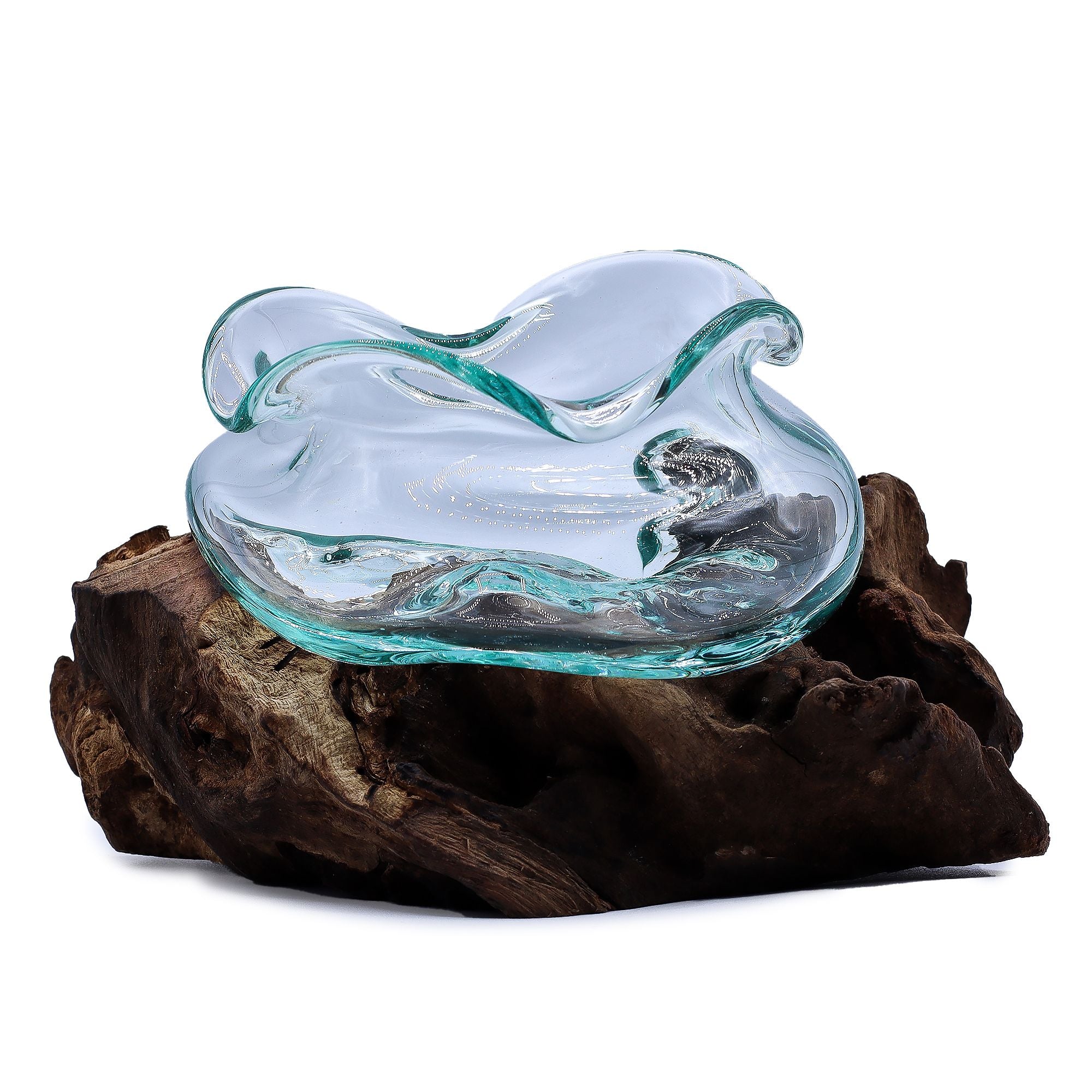 Handmade Molten Glass Wavy Bowl on Wood – 18cm Balinese Artisan Decor