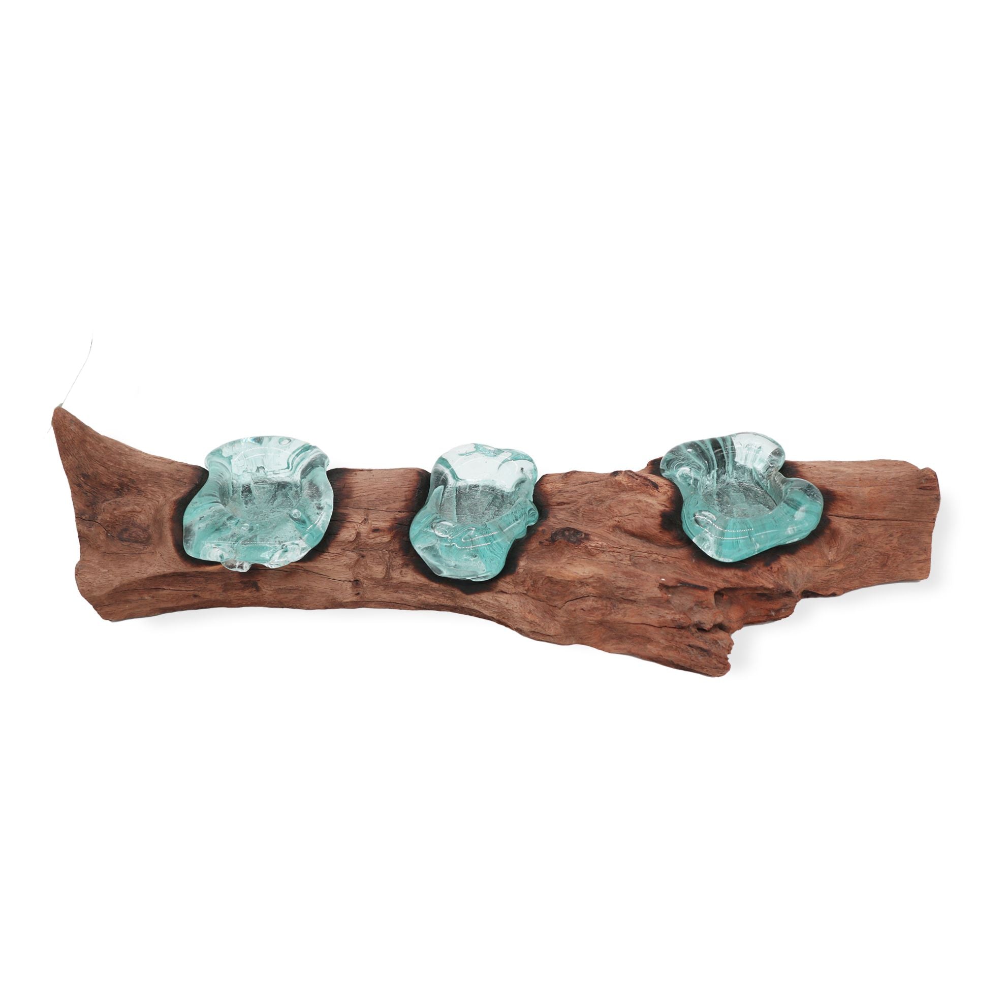 Handmade Molten Glass Flat Triple Candle Holder on Wood – 45cm