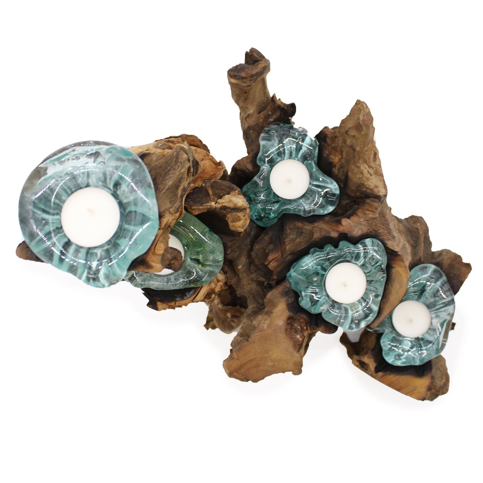 Handmade Molten Glass Five Candle Holder on Wood – 40cm