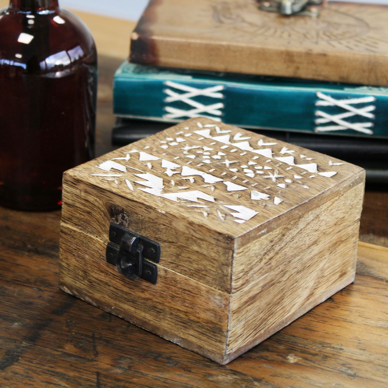 White Washed Wooden Box - 4x4 Slavic Design - Handmade