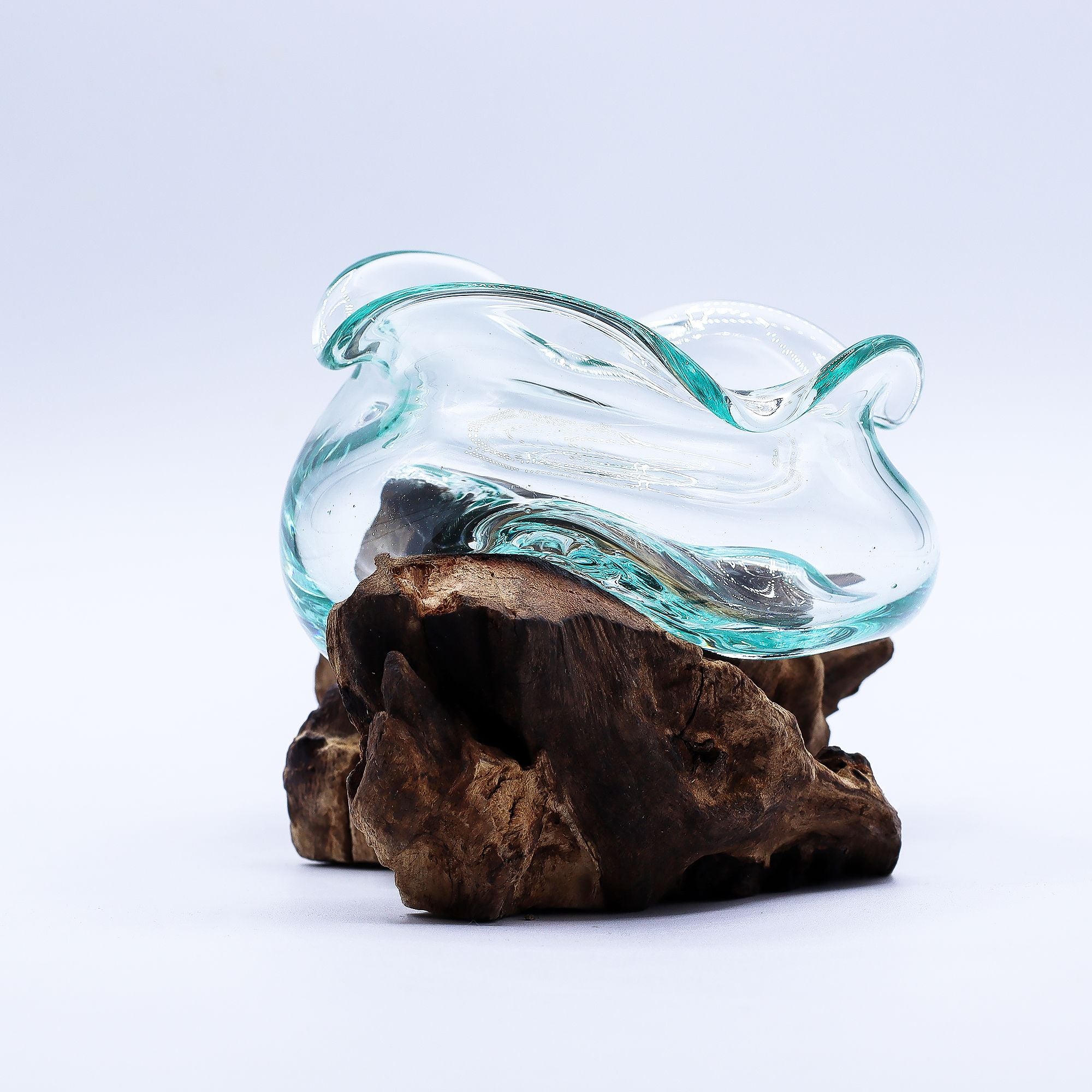 Handmade Molten Glass Wavy Bowl on Wood – 18cm Balinese Artisan Decor