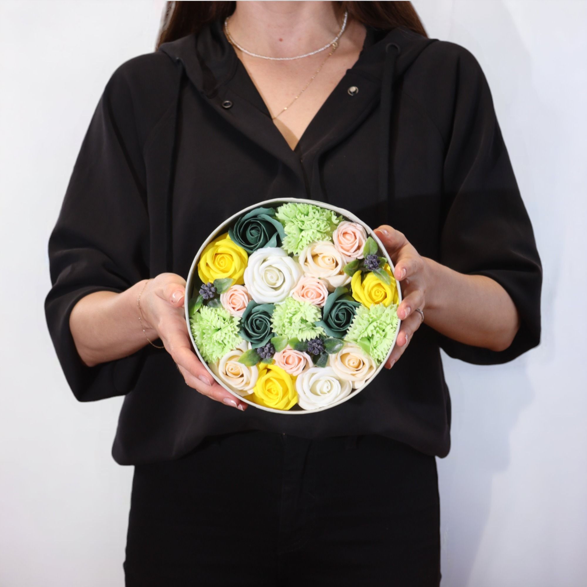 Round Box - Spring Celibrations - Yellow & Greens - Soap Flower Gift Round Box
