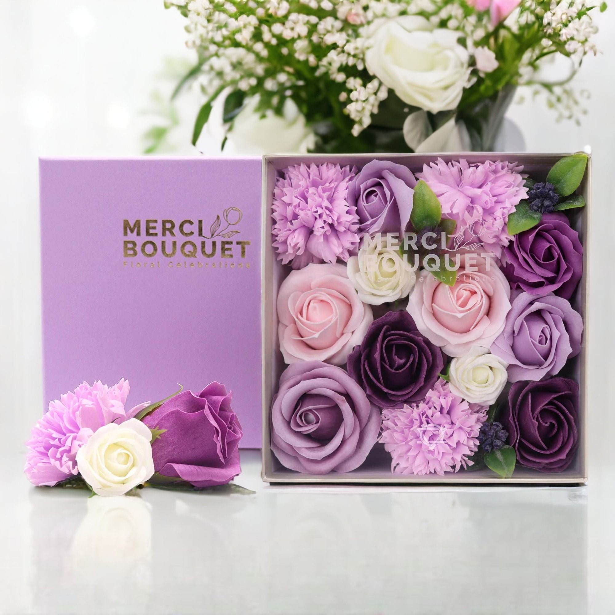 Square Box - Lavender Rose & Carnation - Soap Flower Gift Round Box