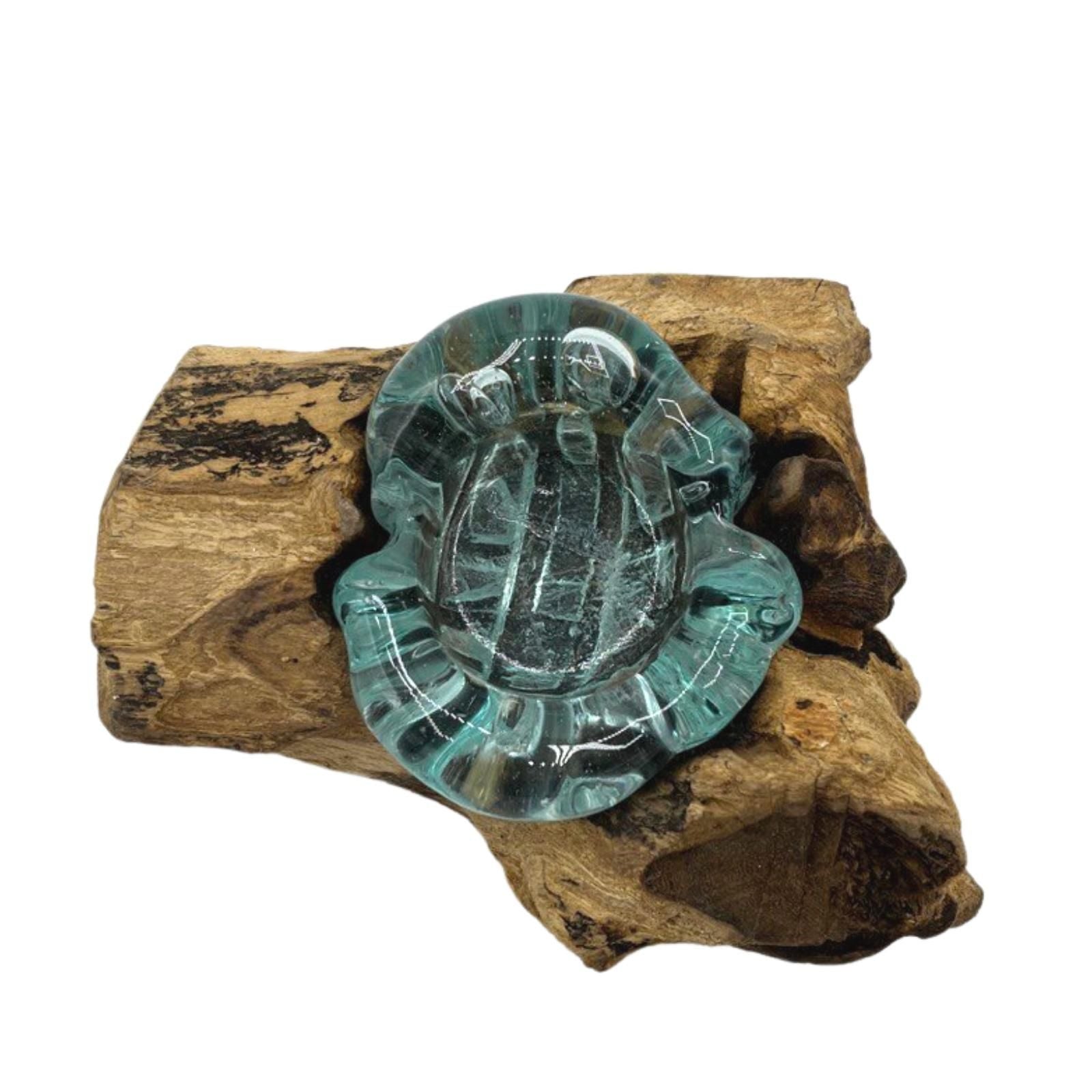 Handmade Molten Glass Single Candle Holder on Wood – 14cm