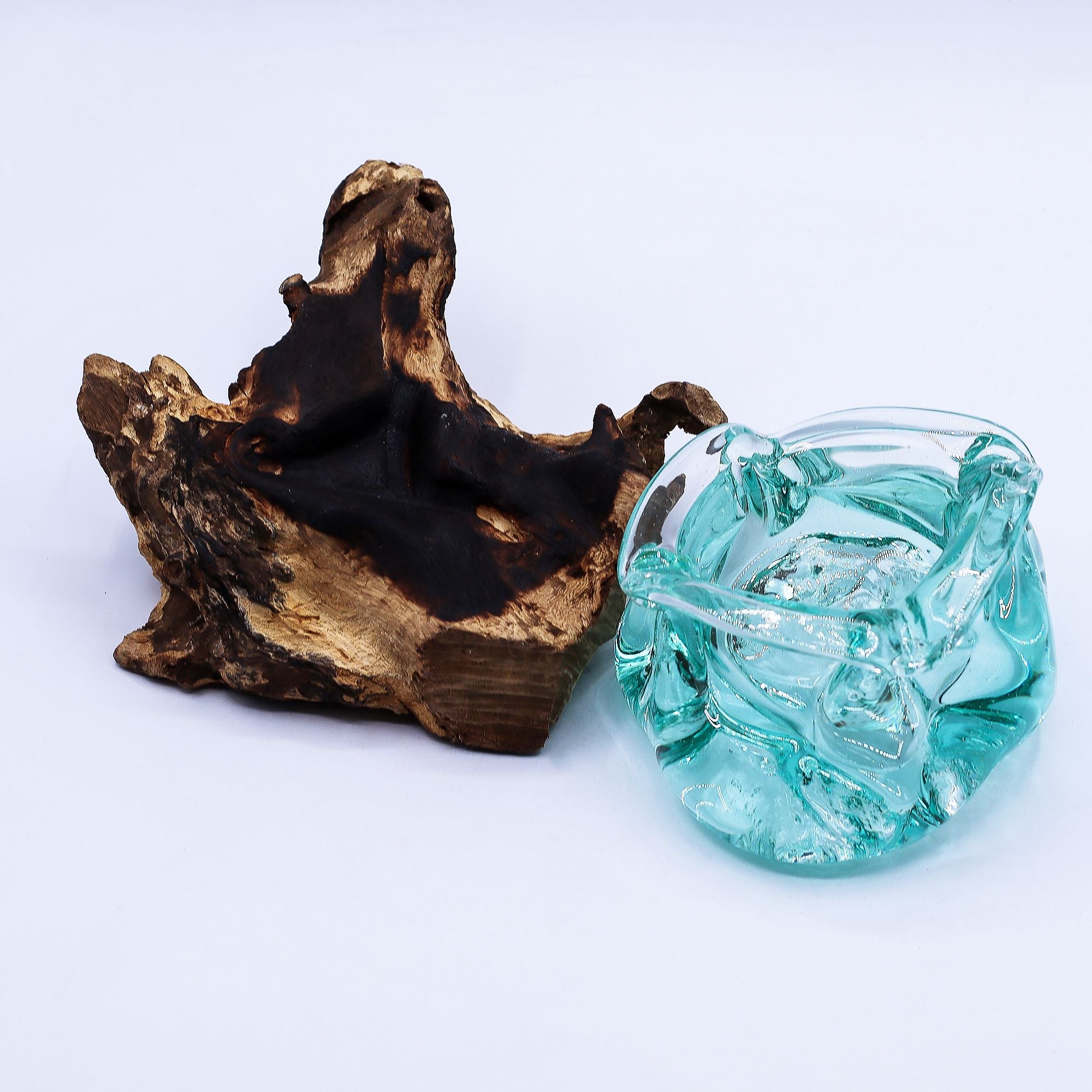 Handmade Molten Glass Chunky Ashtray & Candle Holder on Wood – 23cm
