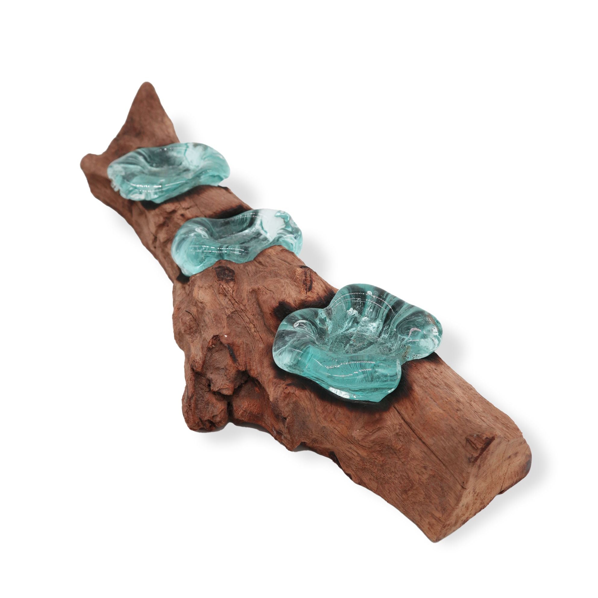Handmade Molten Glass Flat Triple Candle Holder on Wood – 45cm