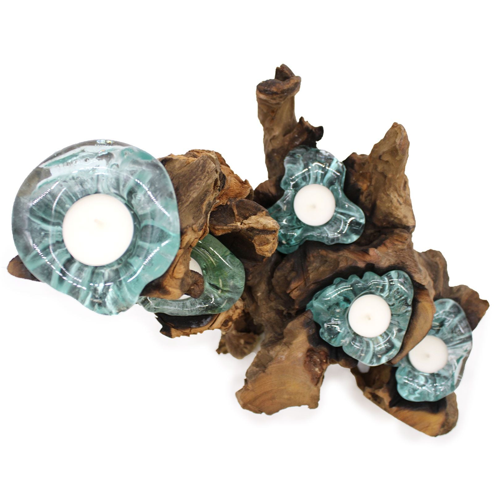 Handmade Molten Glass Five Candle Holder on Wood – 40cm