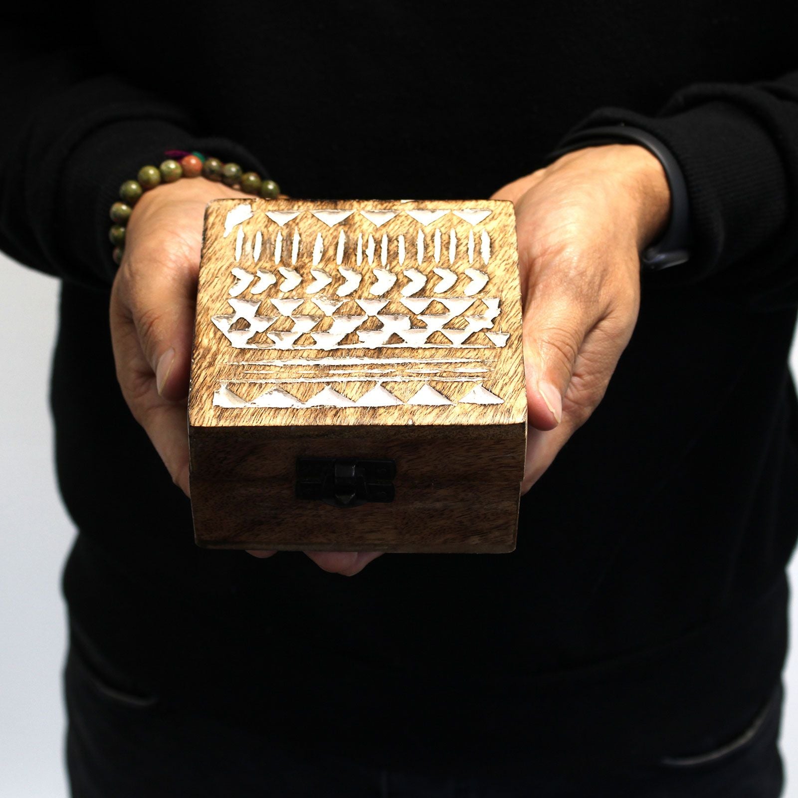 White Washed Wooden Box - 4x4 Slavic Design - Handmade