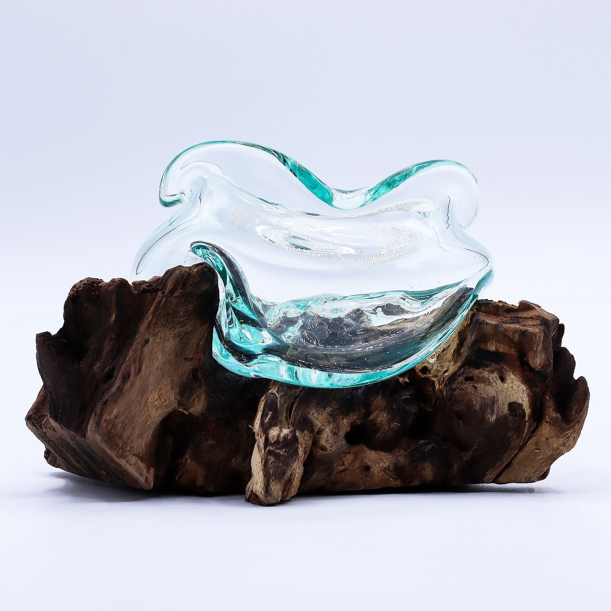 Handmade Molten Glass Wavy Bowl on Wood – 18cm Balinese Artisan Decor