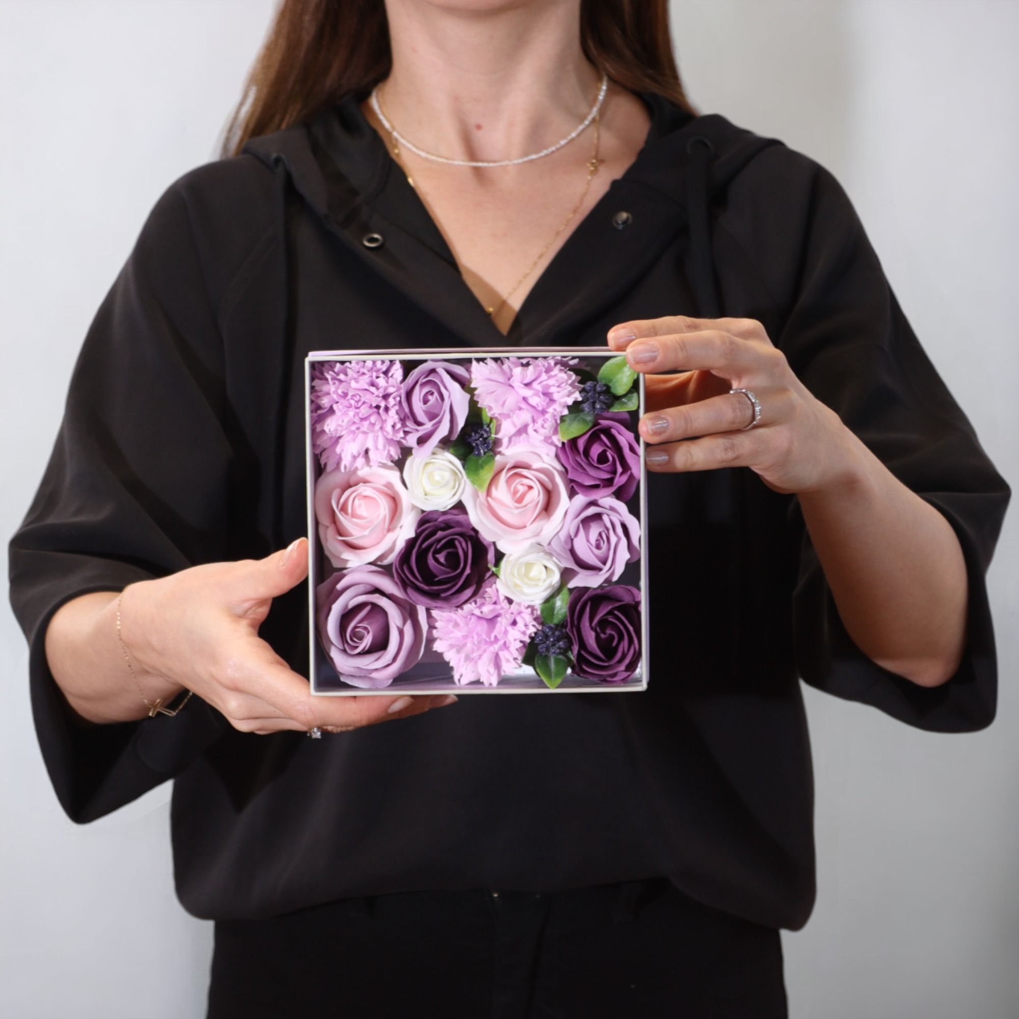 Square Box - Lavender Rose & Carnation - Soap Flower Gift Round Box