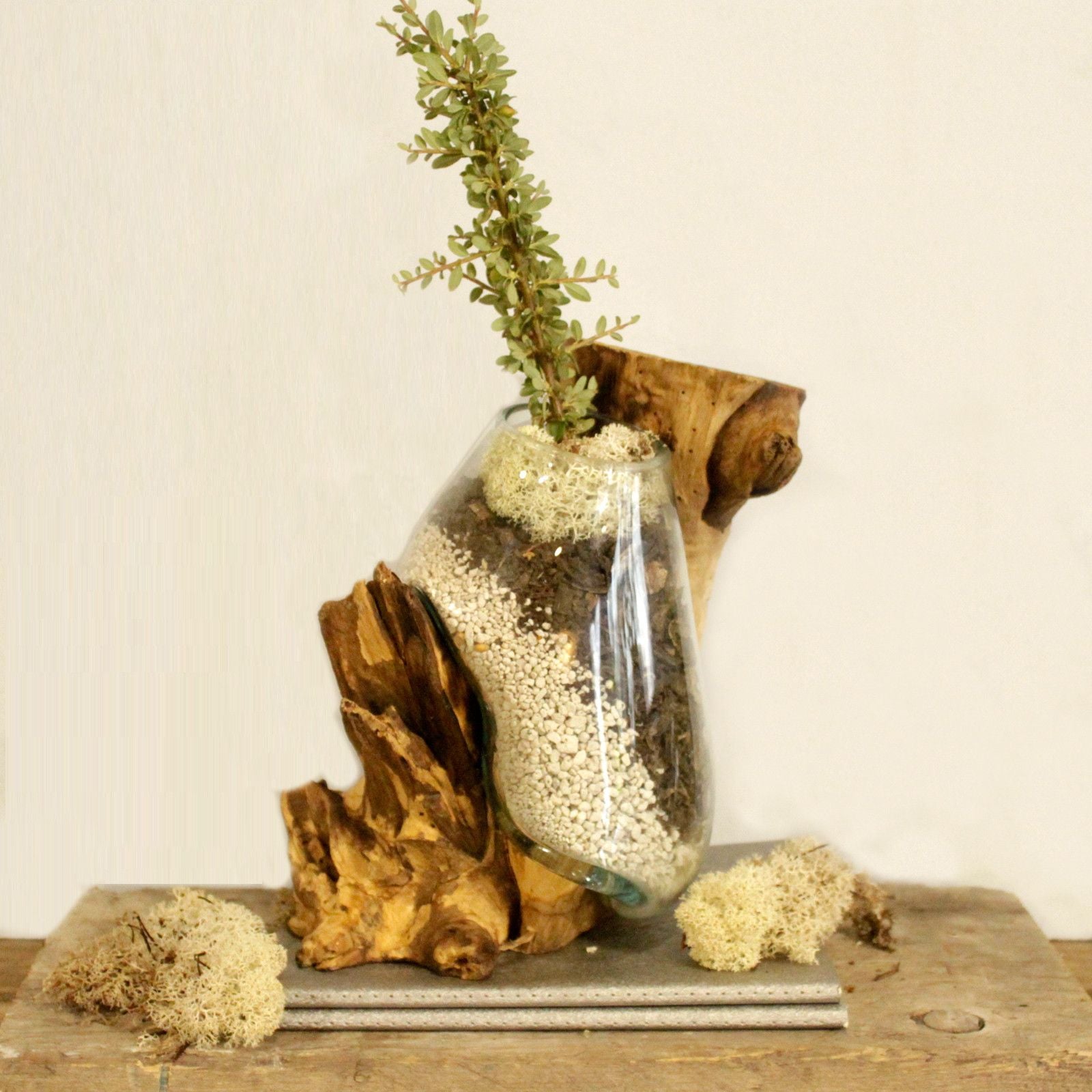 Handmade Molten Glass on Wood – Large 27cm Wall-Mountable Balinese Artisan Vase