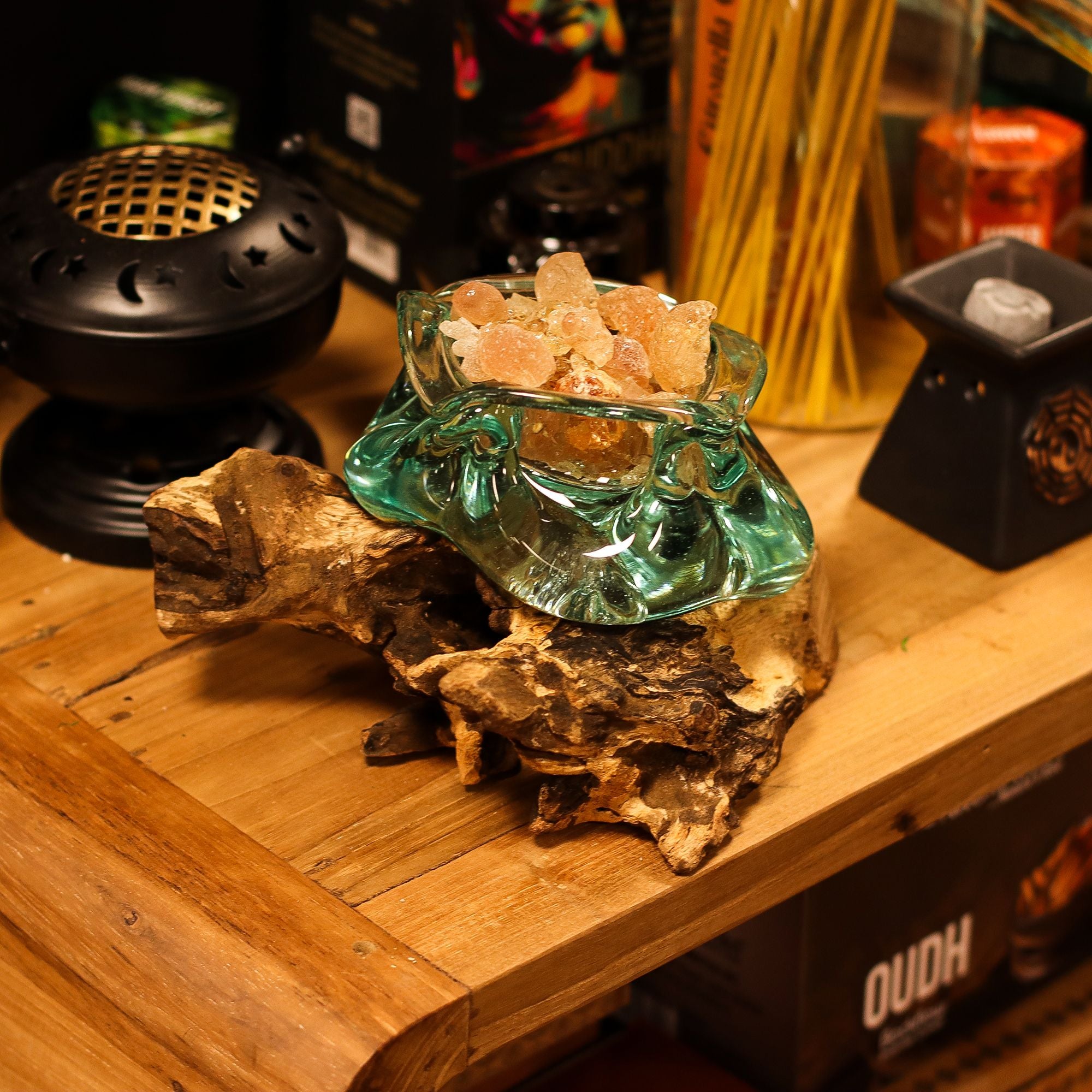 Handmade Molten Glass Chunky Ashtray & Candle Holder on Wood – 23cm