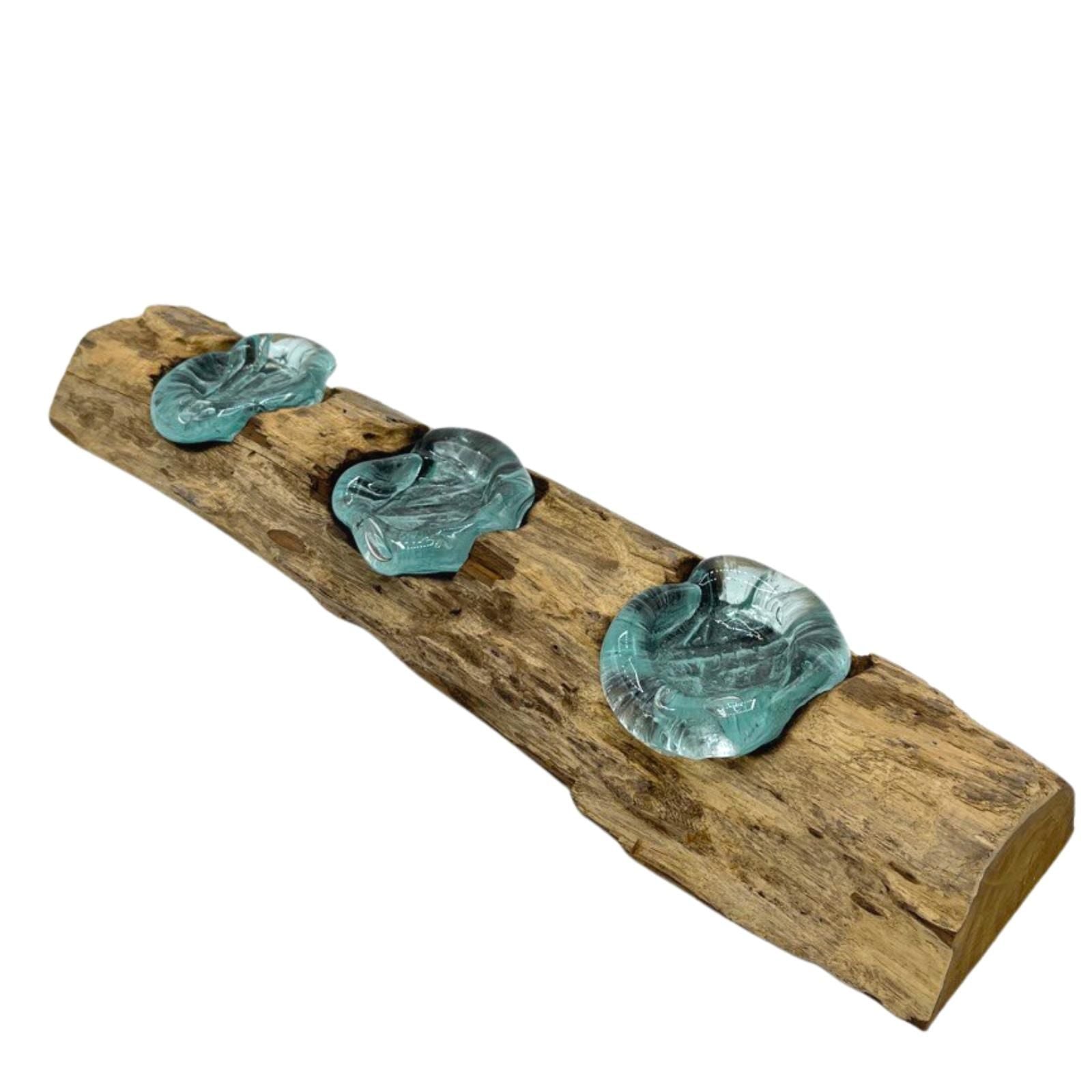 Handmade Molten Glass Flat Triple Candle Holder on Wood – 45cm