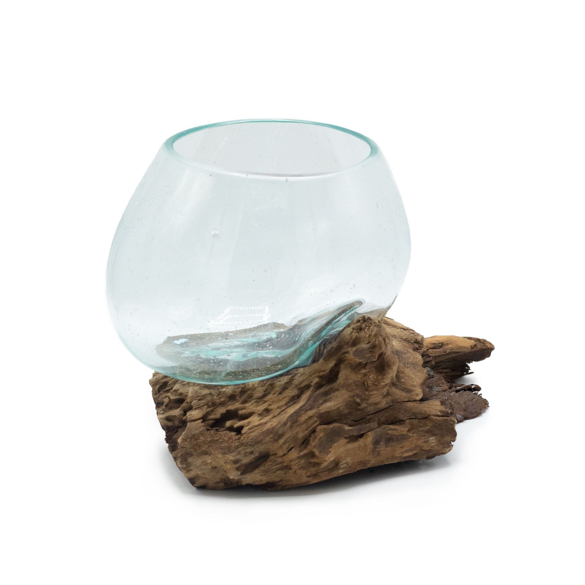 Handmade Molten Glass on Balinese Gamal Wood – Artisan Sculptural Vase