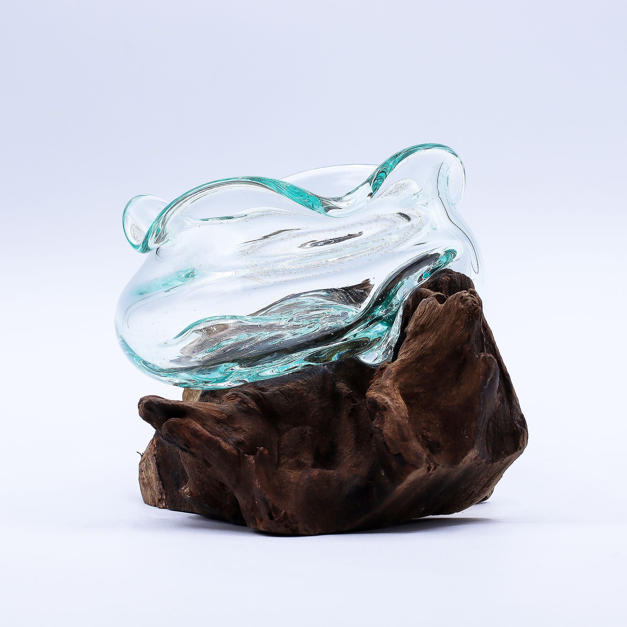 Handmade Molten Glass Wavy Bowl on Wood – 18cm Balinese Artisan Decor