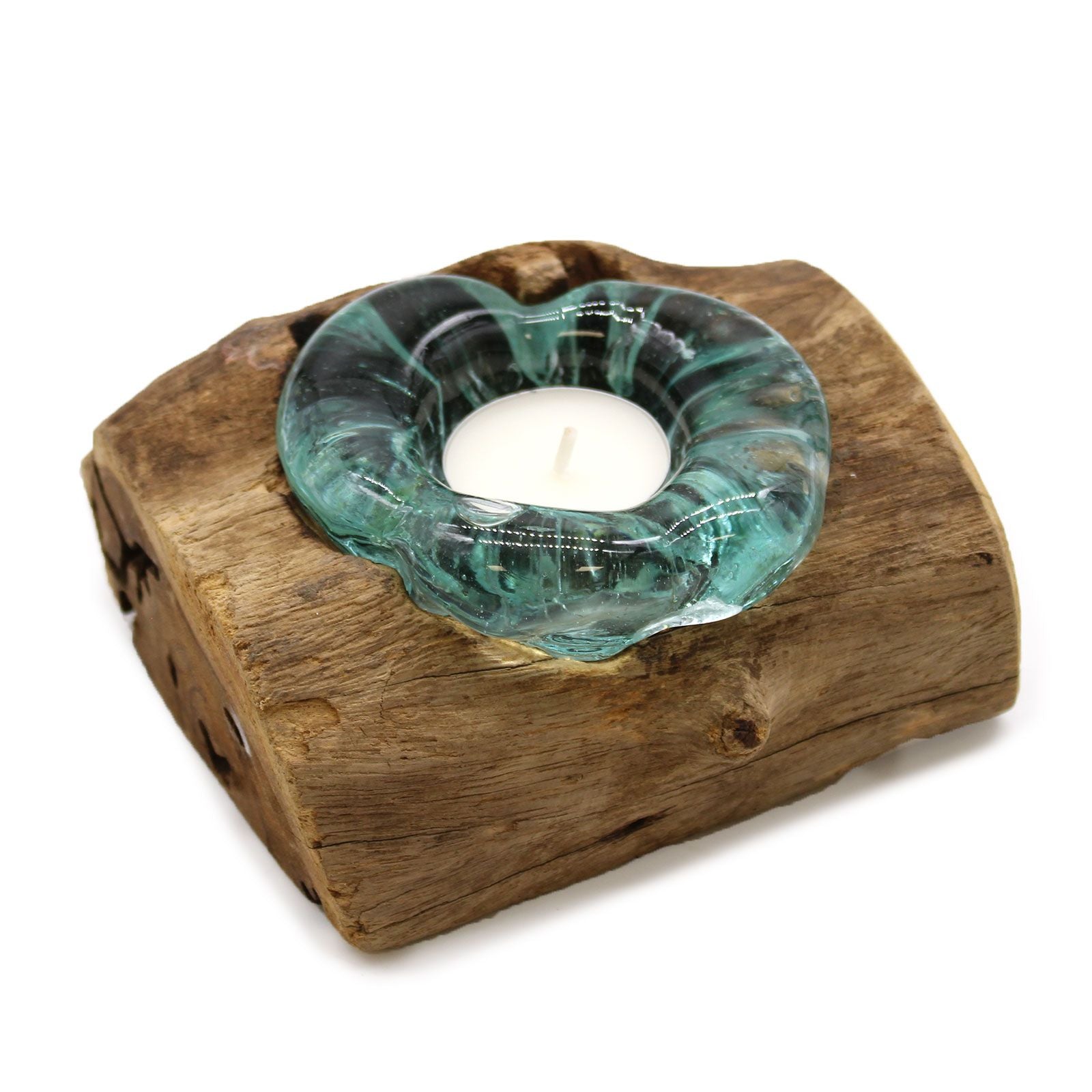 Handmade Molten Glass Single Candle Holder on Wood – 14cm