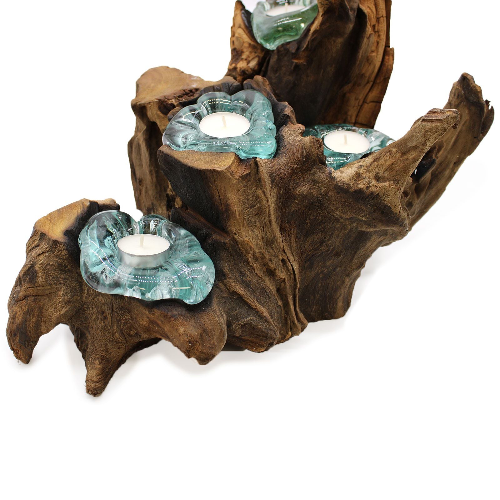 Handmade Molten Glass Five Candle Holder on Wood – 40cm