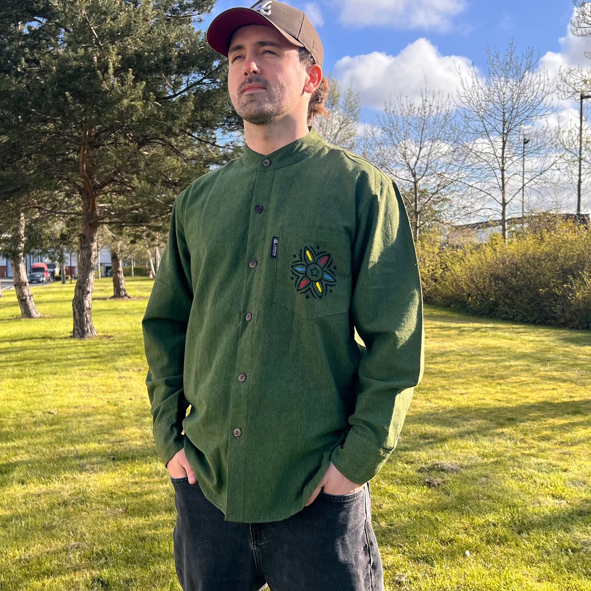 Nomad Grandad Shirt in Forest Green - 100% Cotton