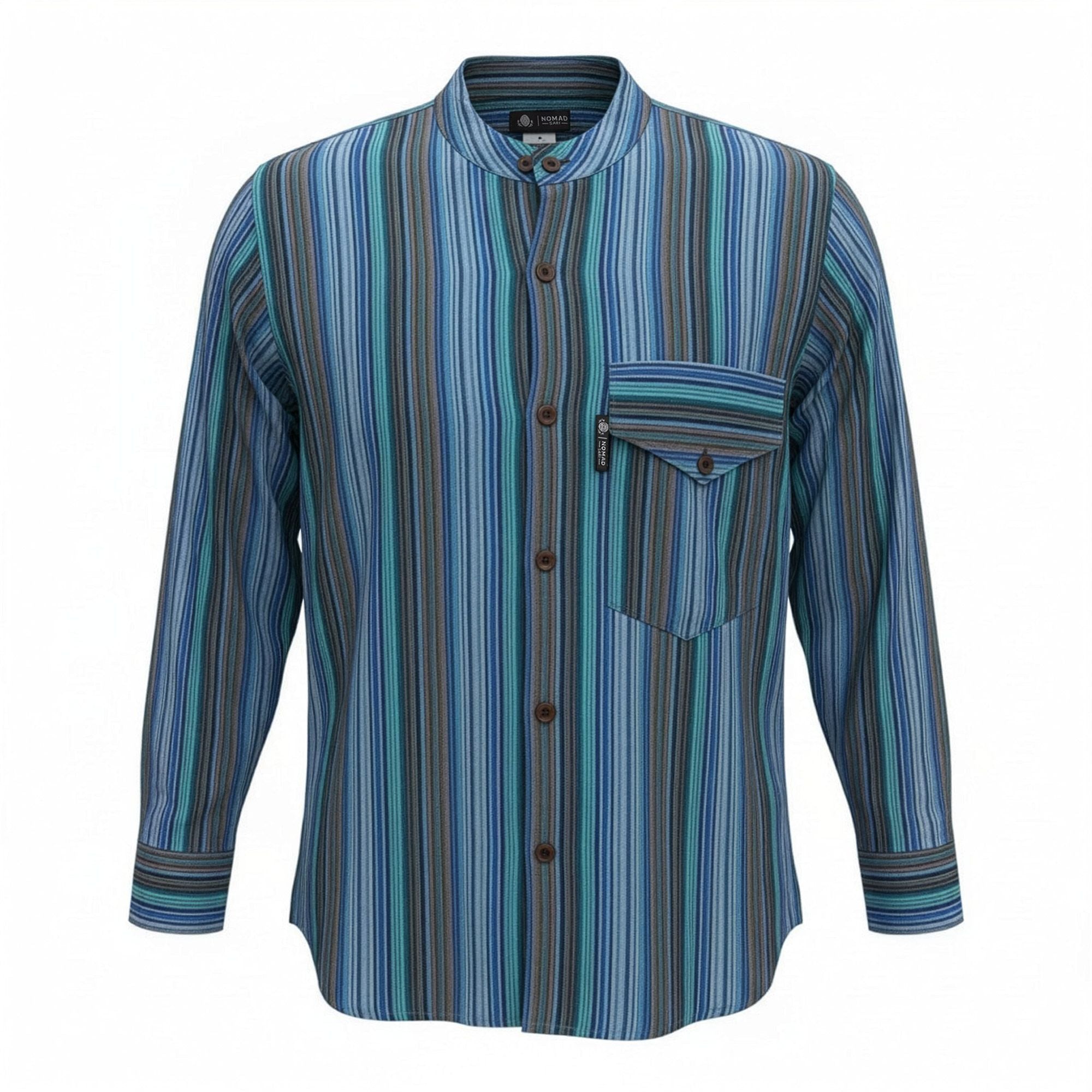 Nomad Sari Grandad Shirt - Turquoise Blue Striped Cotton