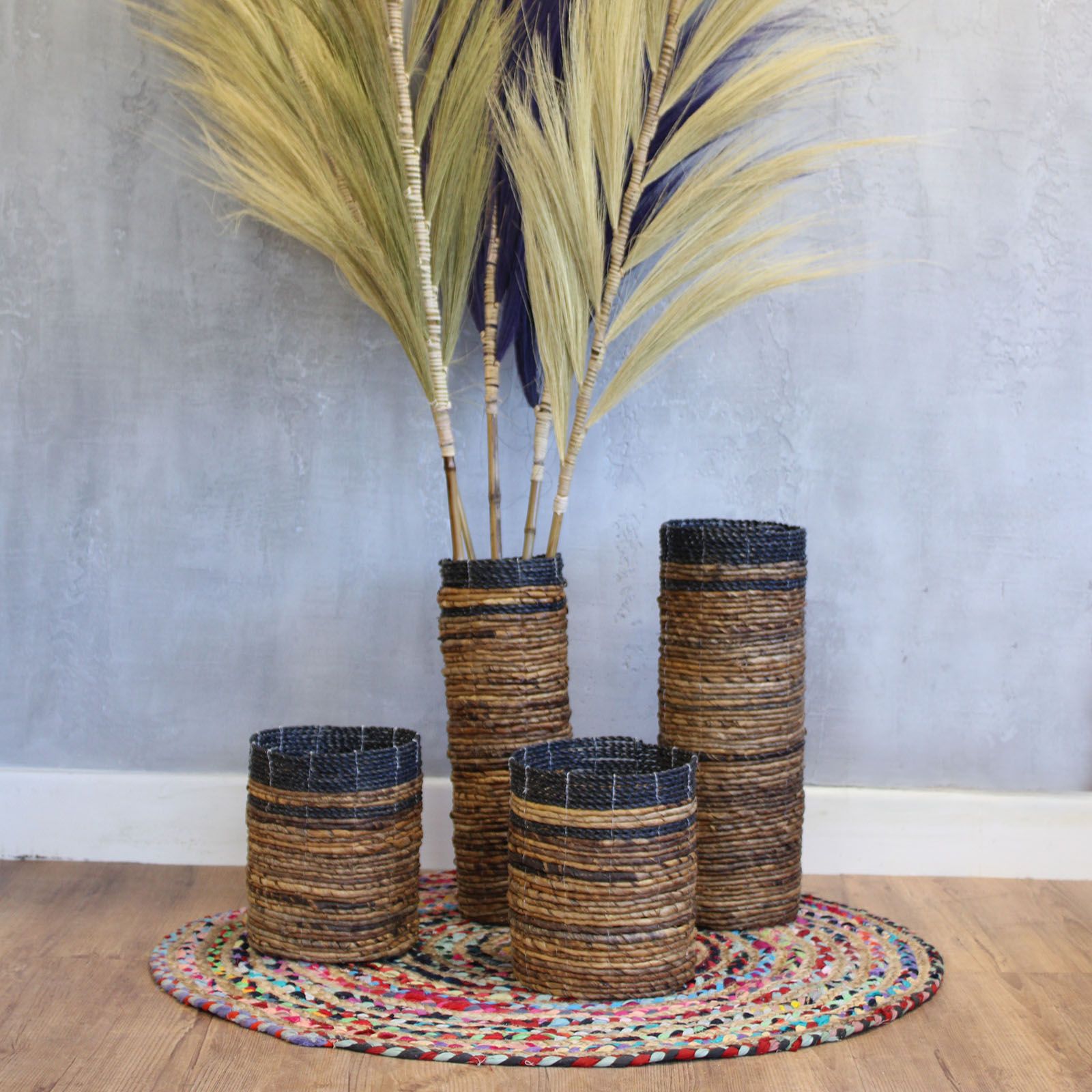 Banana Leaf Set - 2 Vase & 2 Bins - 4 Handwoven Java Storage Baskets