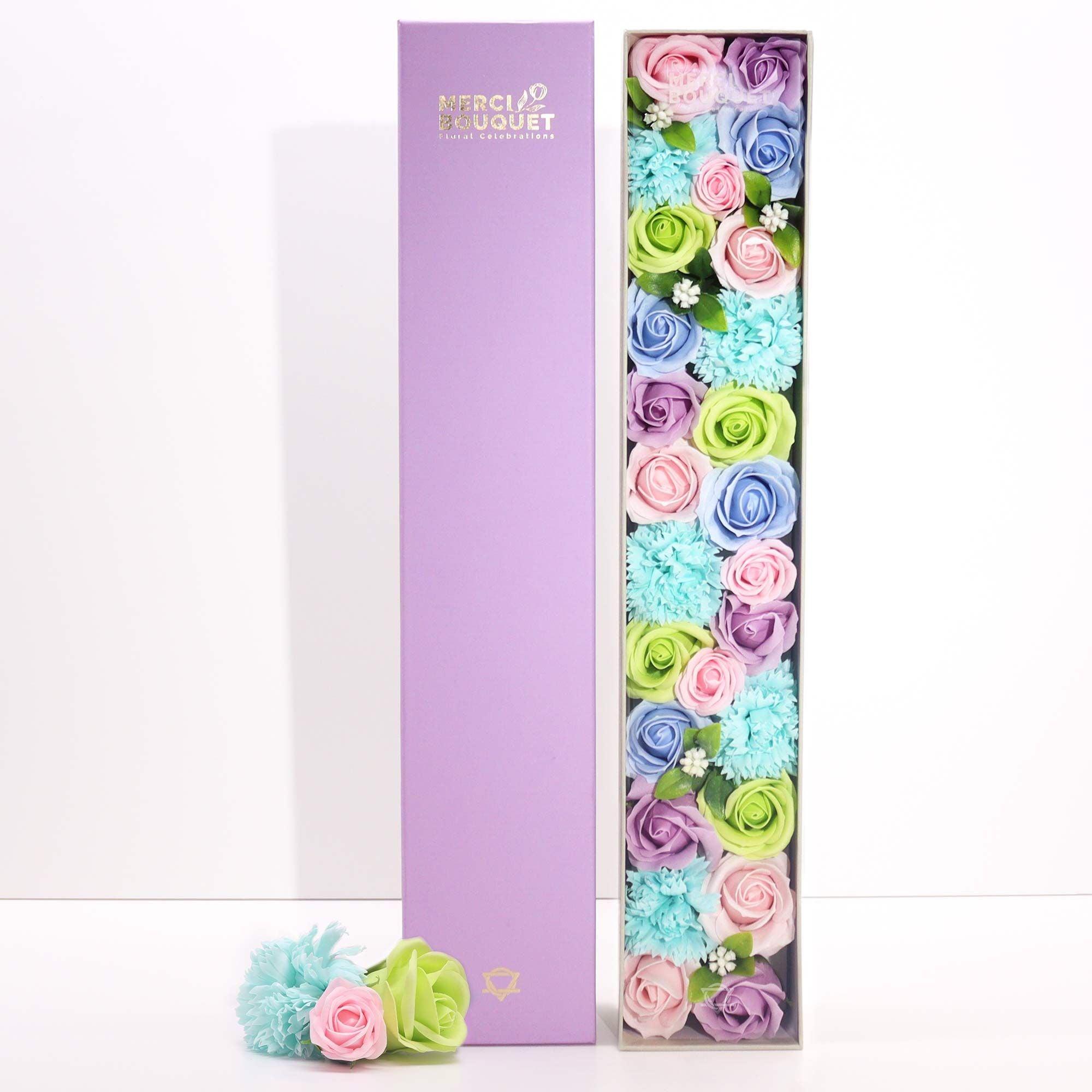 Extra Long Box - Baby Blessings - Blues - handcrafted Soap Flower Gift Round Box