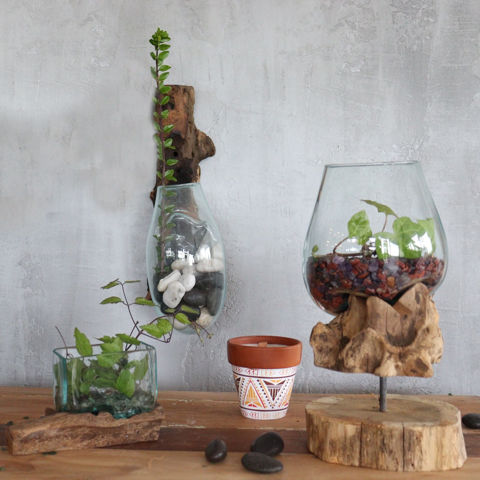 Handmade Molten Glass on Wood – Large 27cm Wall-Mountable Balinese Artisan Vase