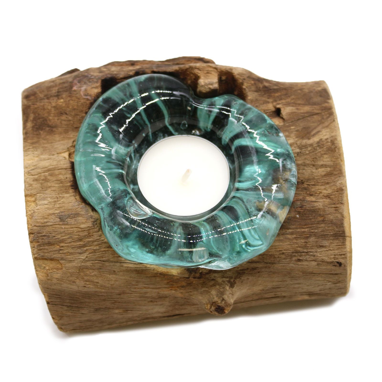 Handmade Molten Glass Single Candle Holder on Wood – 14cm