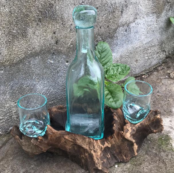 Handmade Molten Glass on Wood – Balinese Artisan Whisky Decanter & Glass Set