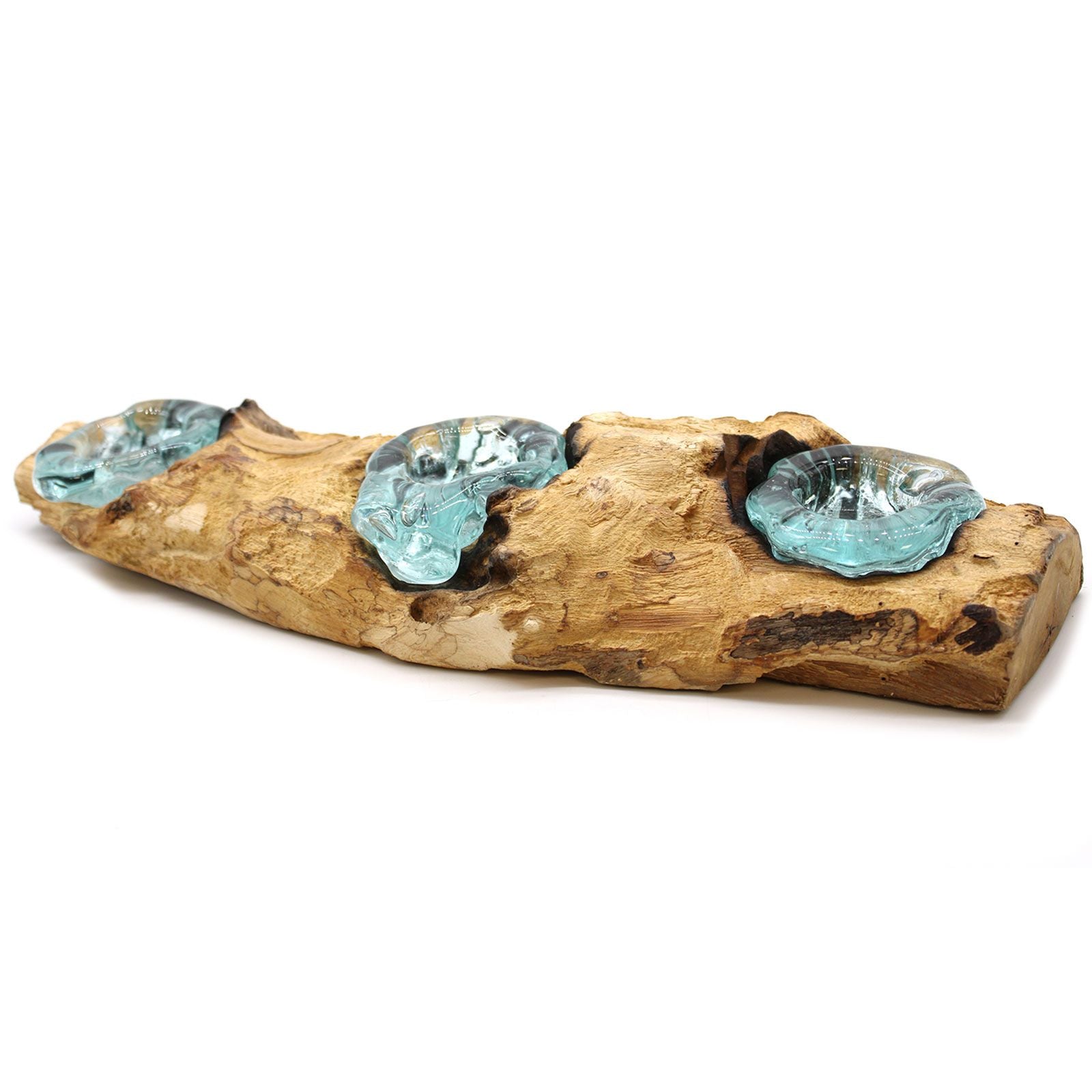 Handmade Molten Glass Flat Triple Candle Holder on Wood – 45cm