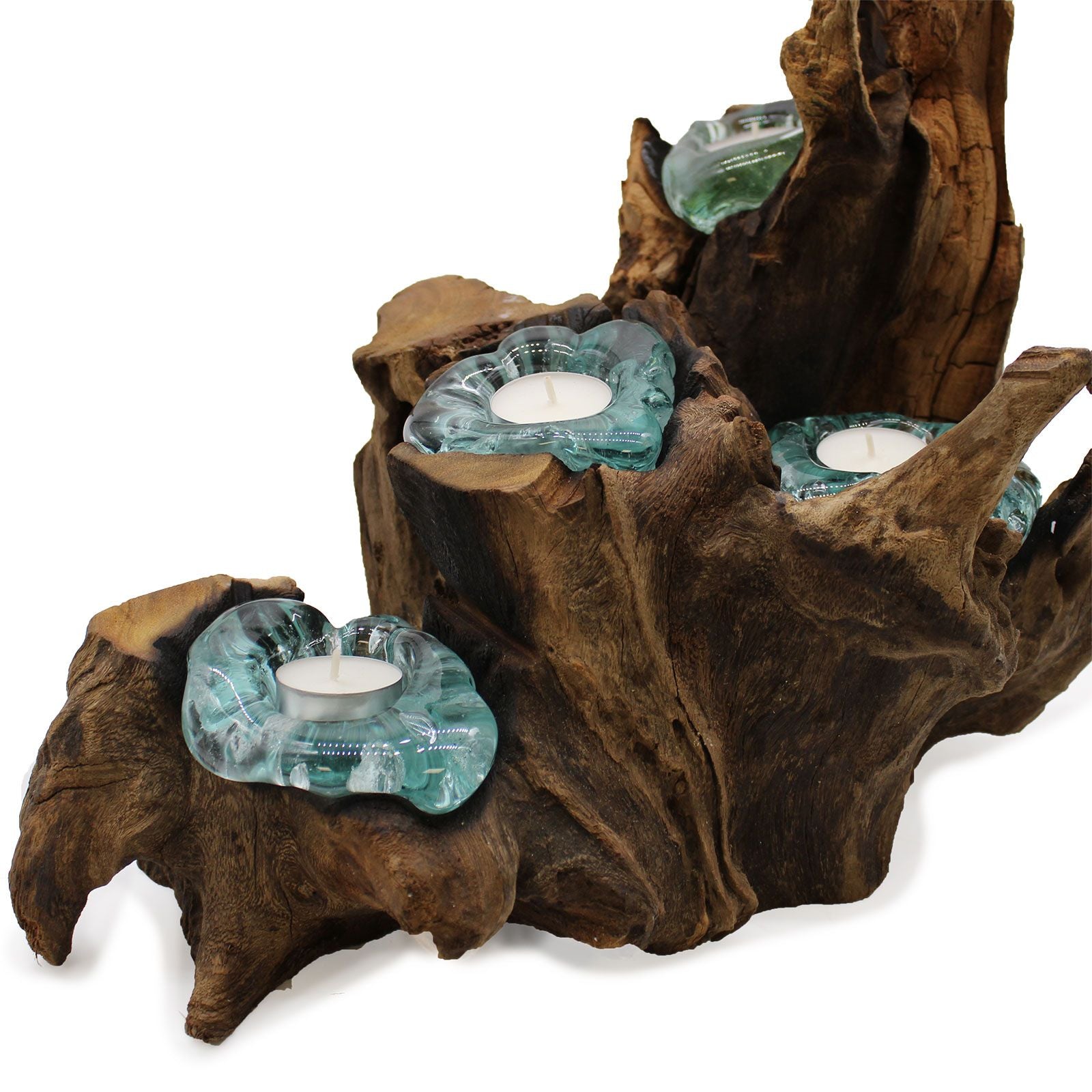 Handmade Molten Glass Five Candle Holder on Wood – 40cm