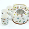 Herbal Teapot Set - Butterflies - 650ml Teapot with 6 Cups & Strainer