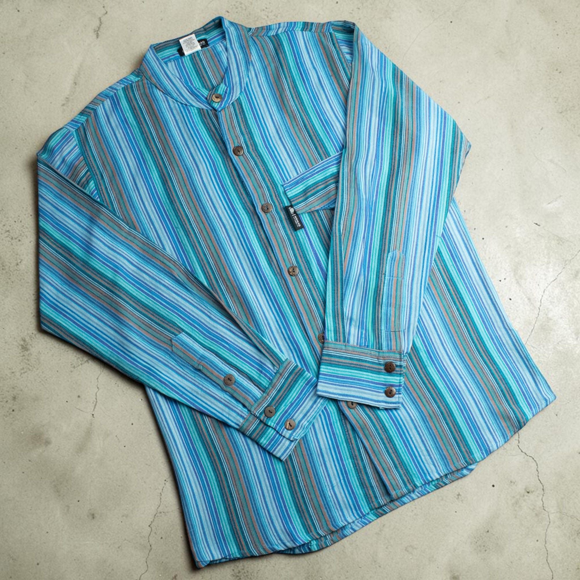 Nomad Sari Grandad Shirt - Turquoise Blue Striped Cotton