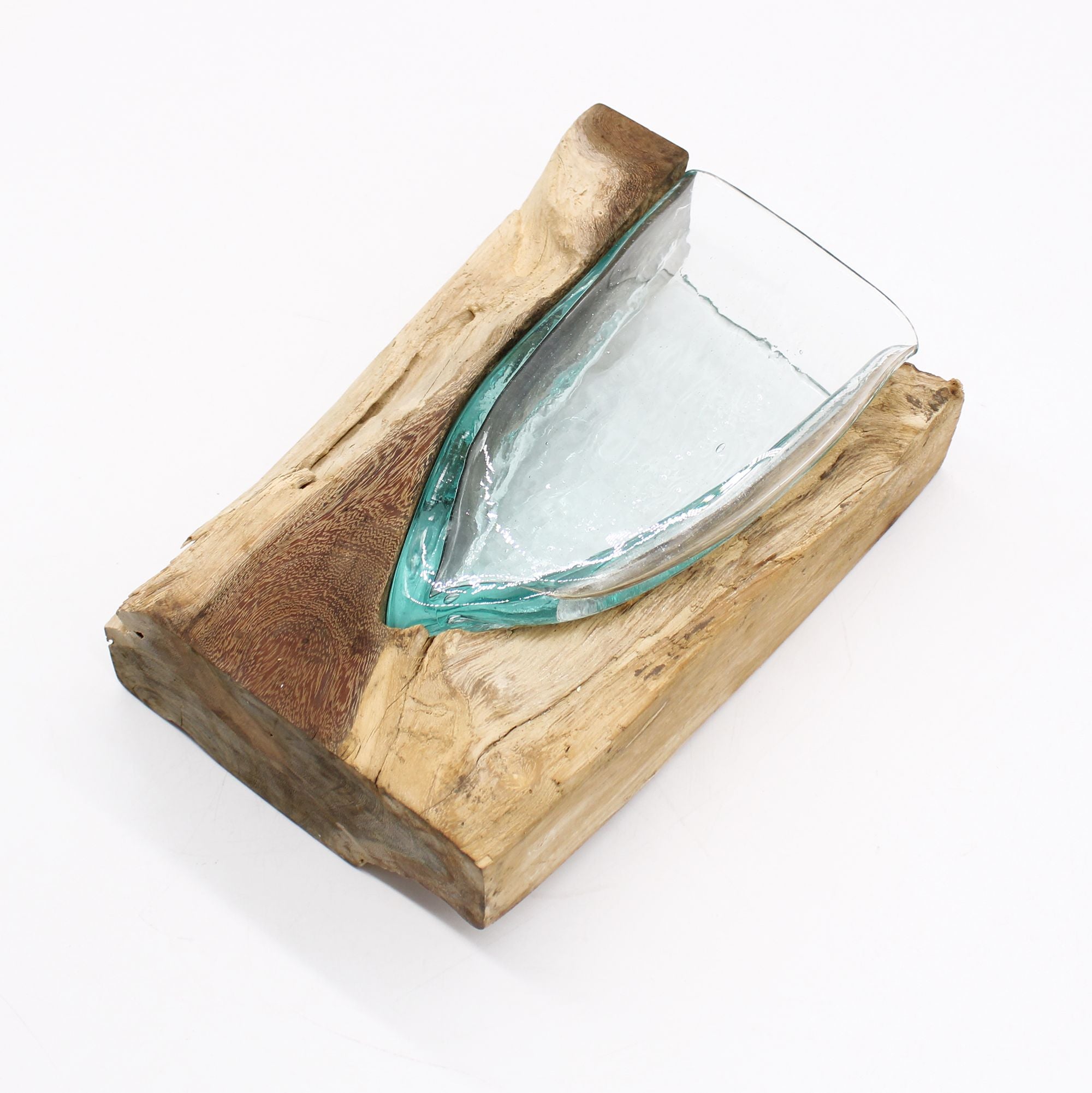 Handmade Molten Glass V-Shaped Art Vase on Wood – 24.5cm