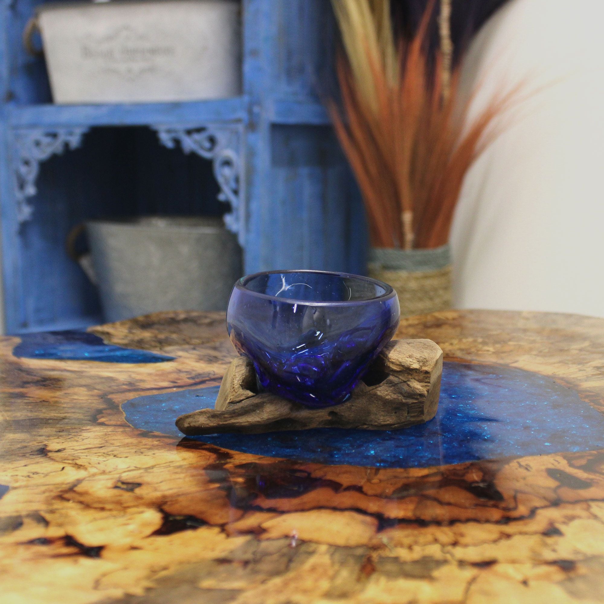 Handmade Molten Glass Mini Blue Bowl on Wood – 12cm